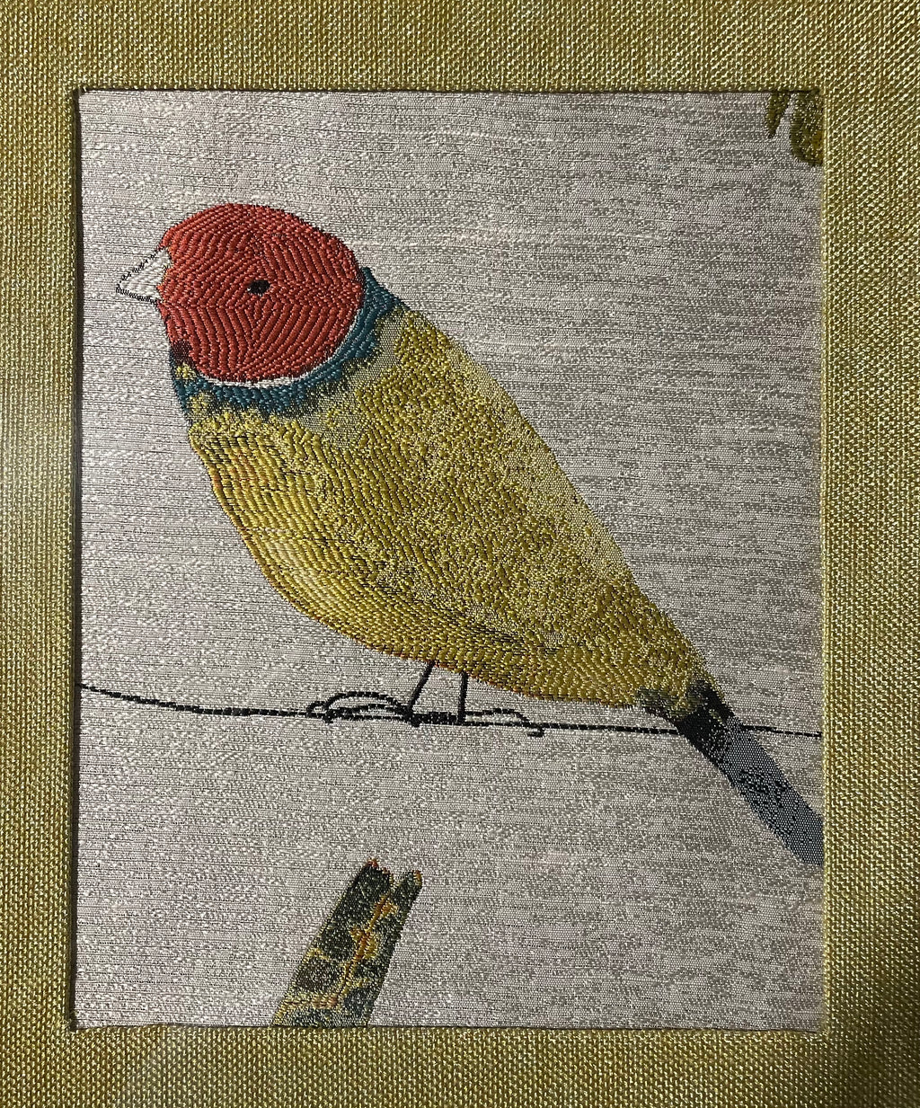Red-Headed Songbird Portrait — Fabric Wall Art, 13x16 Gold Frame