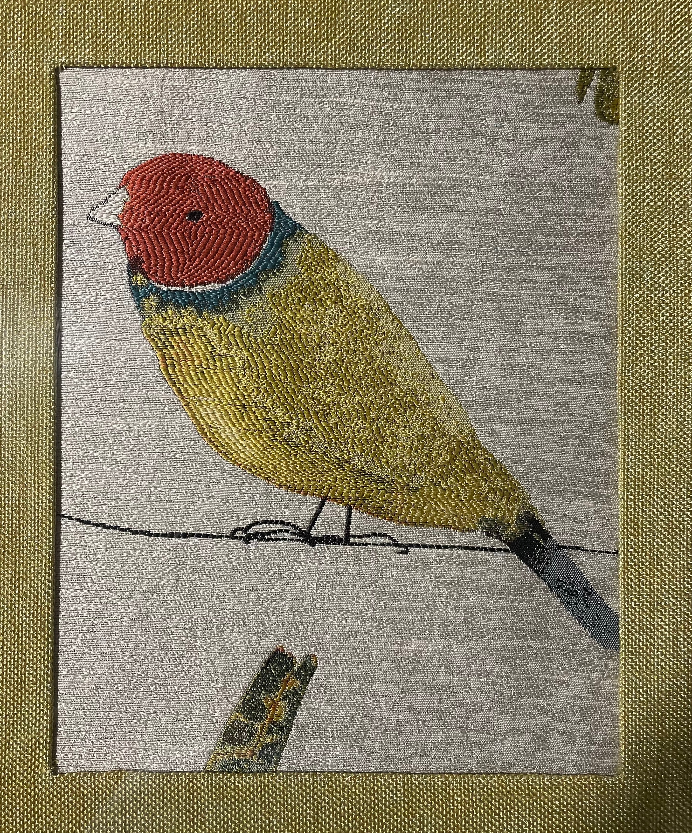 Red-Headed Songbird Portrait — Fabric Wall Art, 13x16 Gold Frame