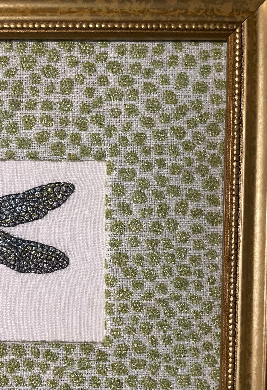 Embroidered Dragonfly Wall Art — Gold Frame with Ballard Designs Pear Tully Fabric Mat