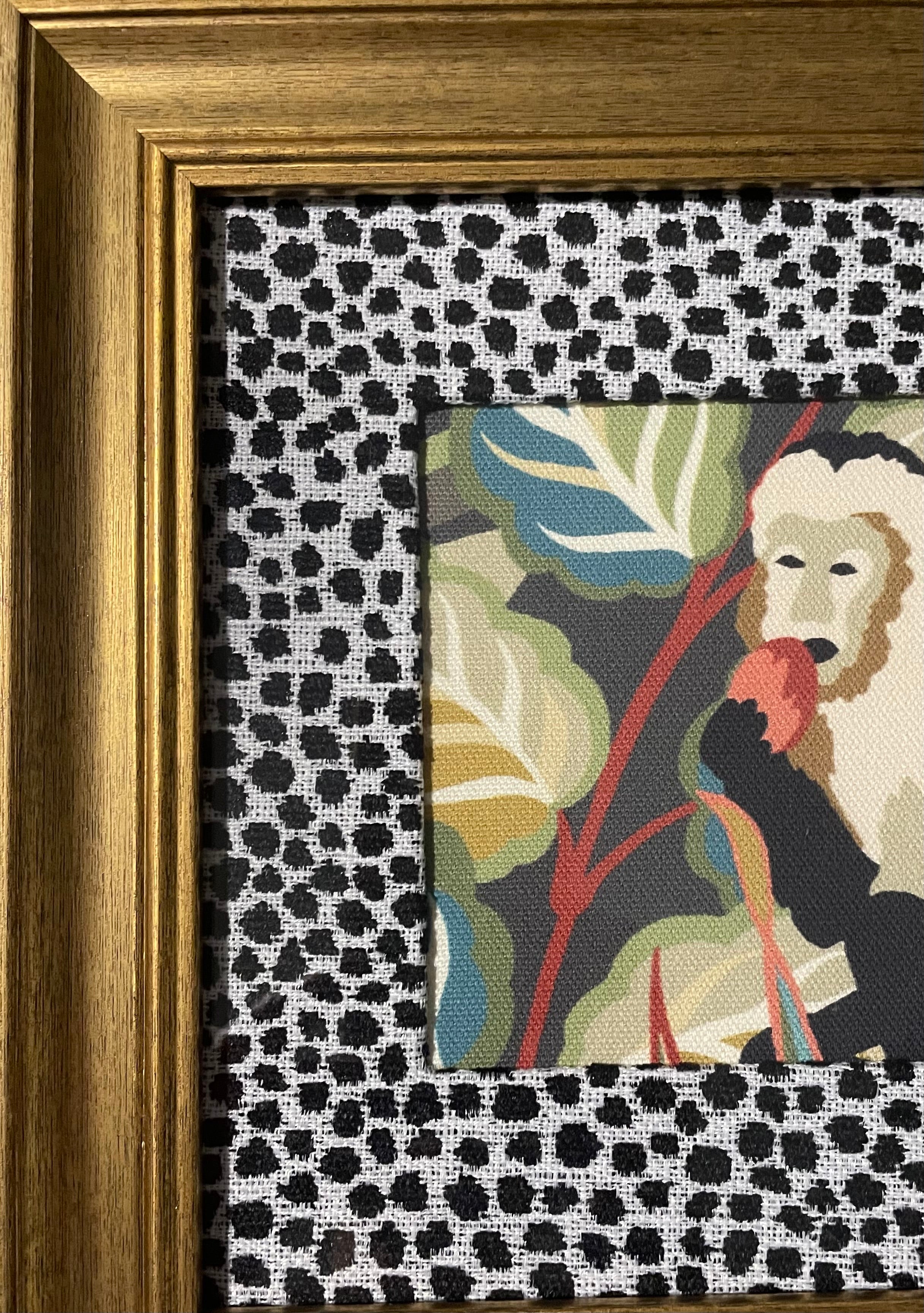 Safari Wall Art — Giraffe and Zebra Kinablu Petro fabric with Ballard Designs Tully Ebony fabric mat in Gold Frames