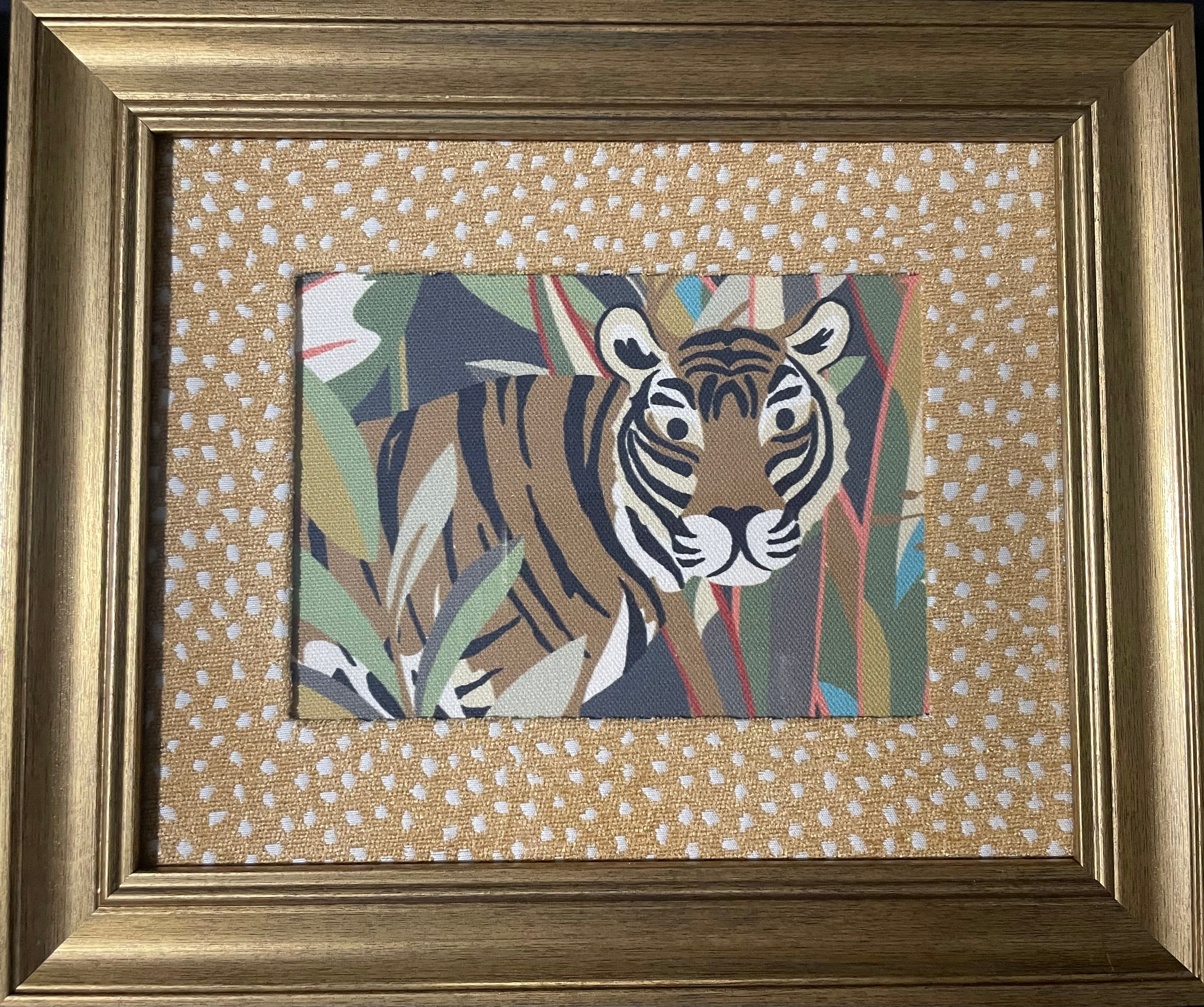 Safari Wall Art — Tiger and Money Kinablu Petro fabric with reverse giraffe fabric mat in Gold Frame