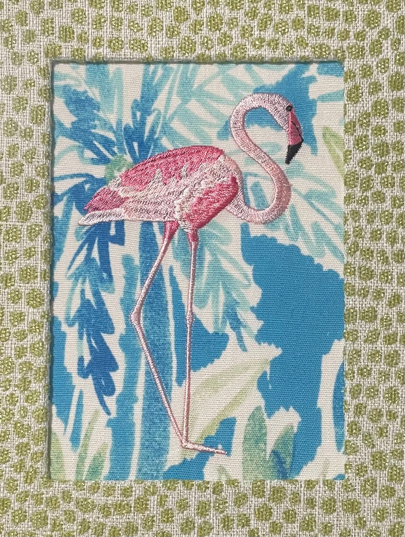 Framed Embroidered right facing flamingo with Custom Ballard Designs TULLY Pear Fabric Matting