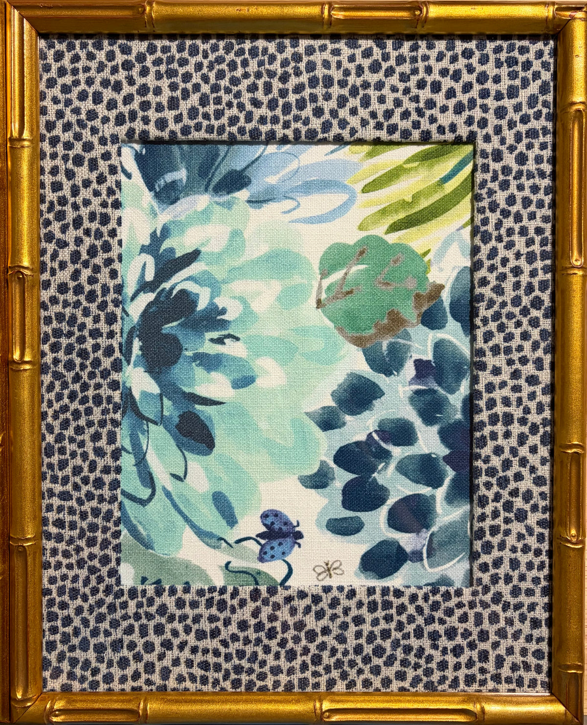 Pair Framed Bright Floral Fabric Wall Art: Gold Bamboo-Style Frames, Ballard Tully Blue Fabric Mats 12x15