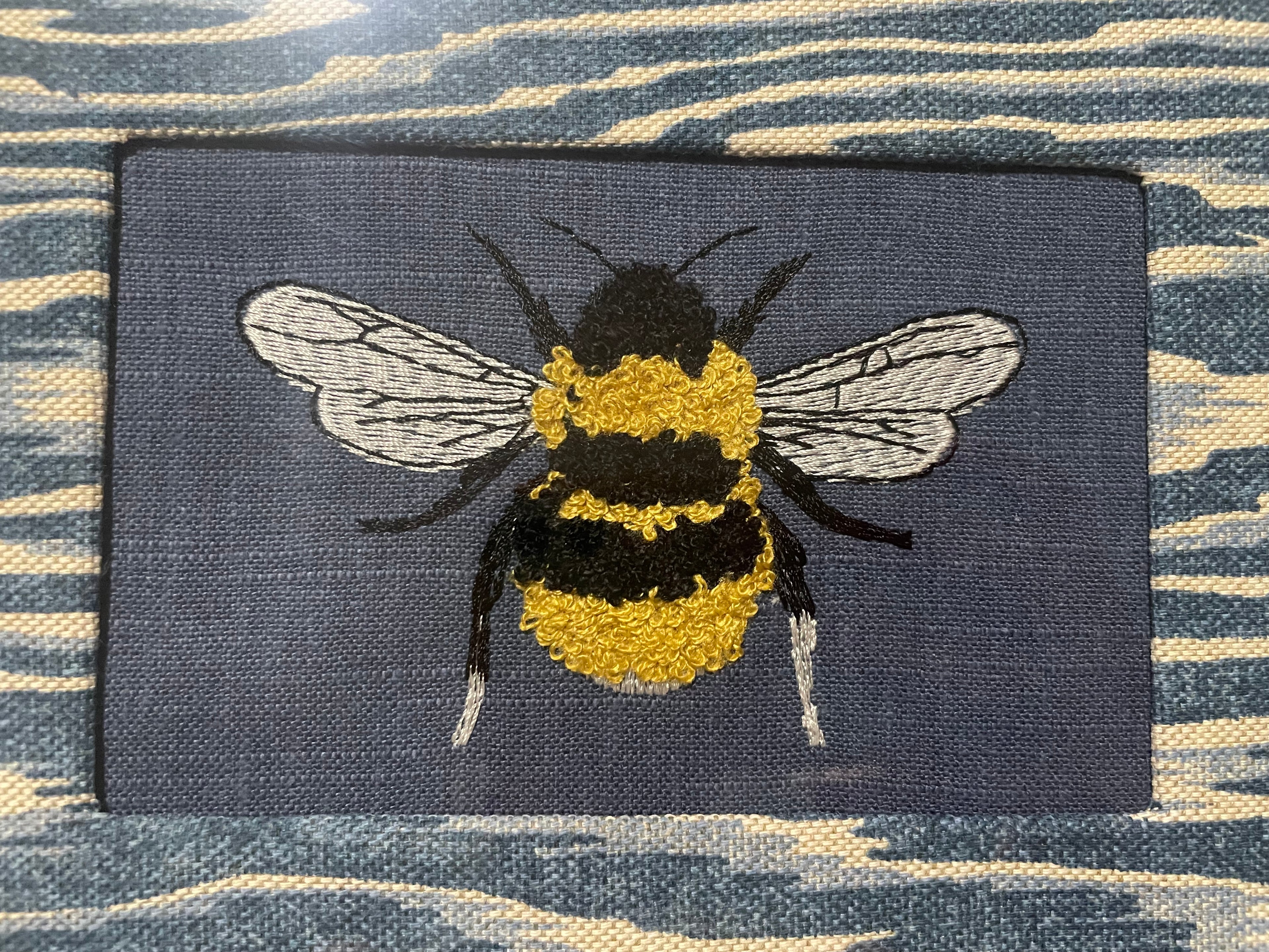 Bumblebee on Navy — Embroidered Wall Art, Gold Frame with Blue Ikat Fabric Mat