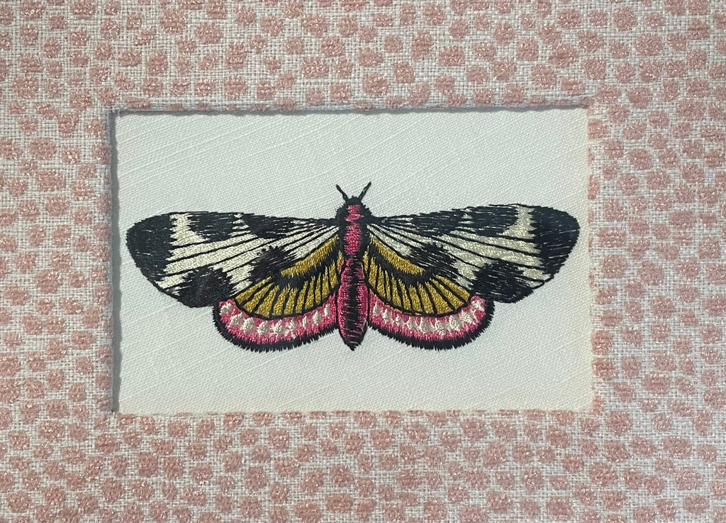 Custom Framed Embroidered Butterfly Moth Art, Ballard Designs TULLY Rose Quartz Fabric Matting