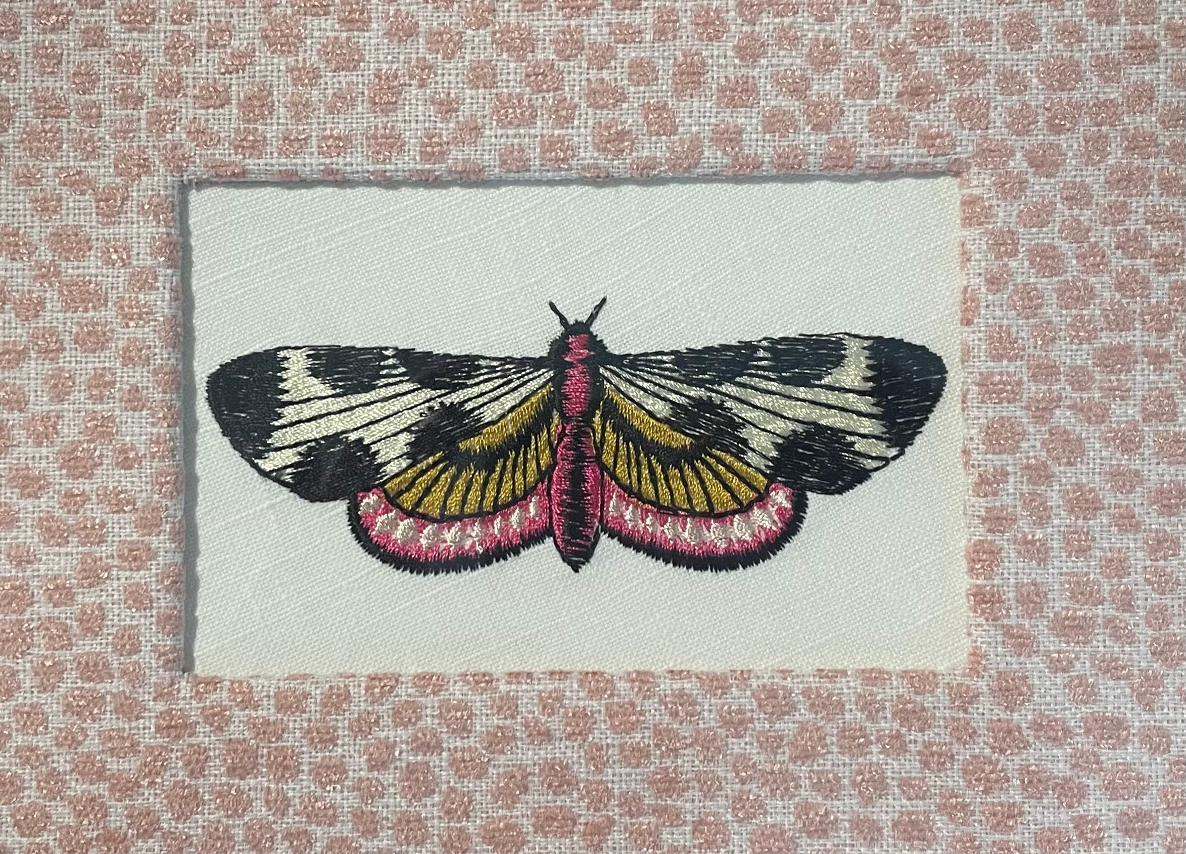 Custom Framed Embroidered Butterfly Moth Art, Ballard Designs TULLY Rose Quartz Fabric Matting