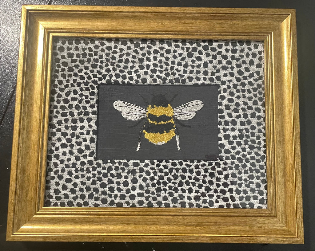 Embroidered Bee Wall Art — Gold Frame with Ballard Designs Ebony Tully Fabric Mat
