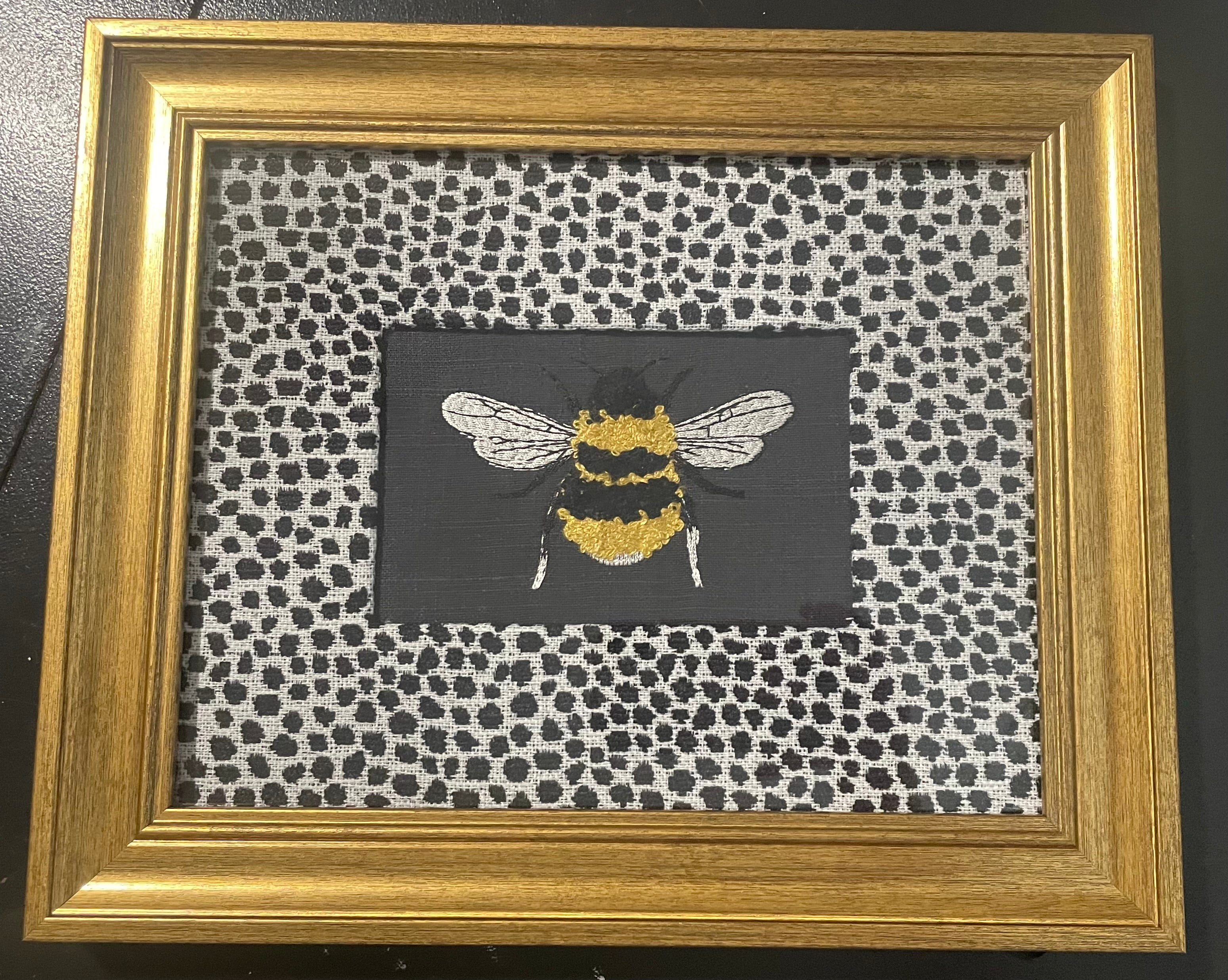 Embroidered Bee Wall Art — Gold Frame with Ballard Designs Ebony Tully Fabric Mat