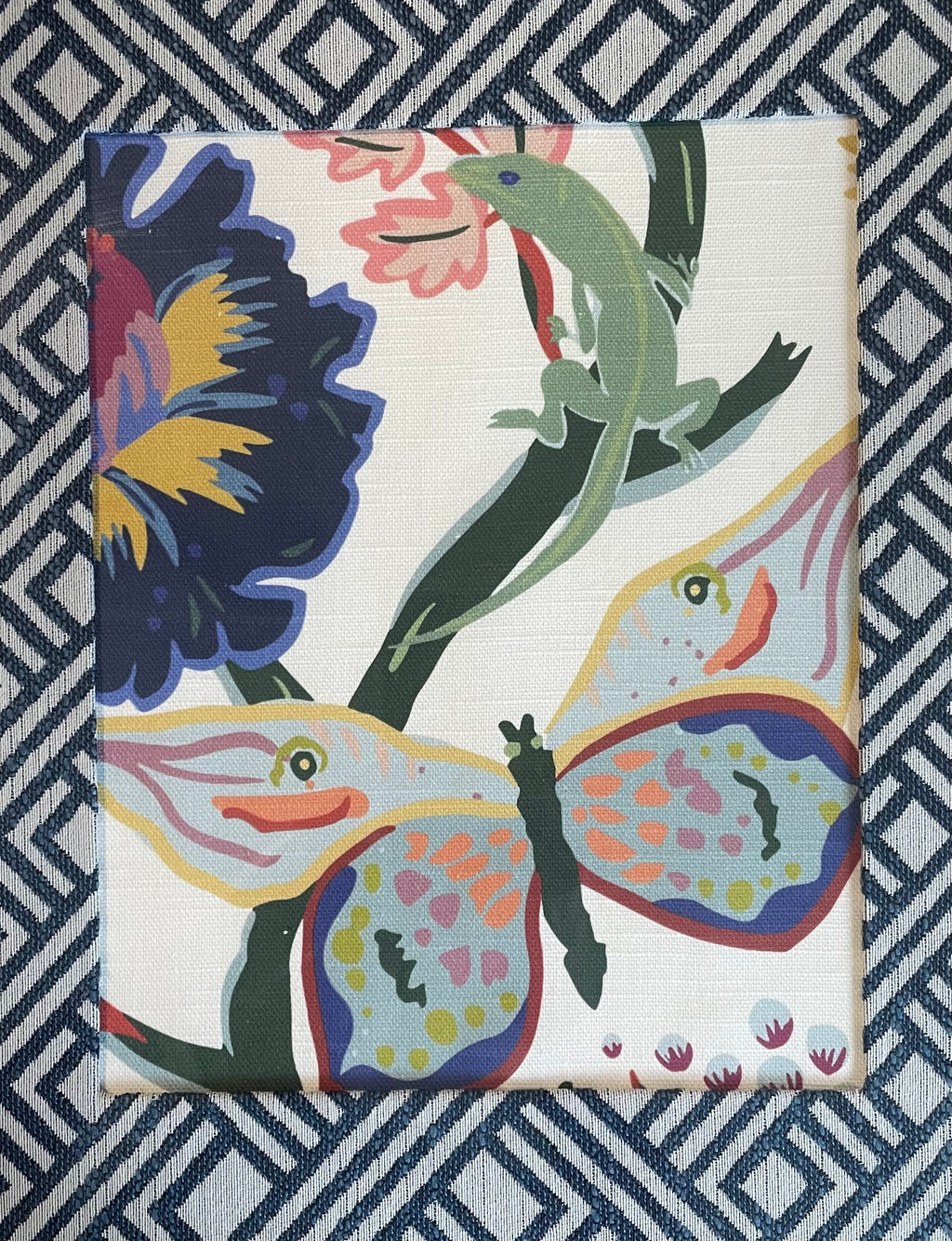 Ballard Designs Butterfly & Lizard Fabric Framed Wall Art — 13x16 Gold Frame