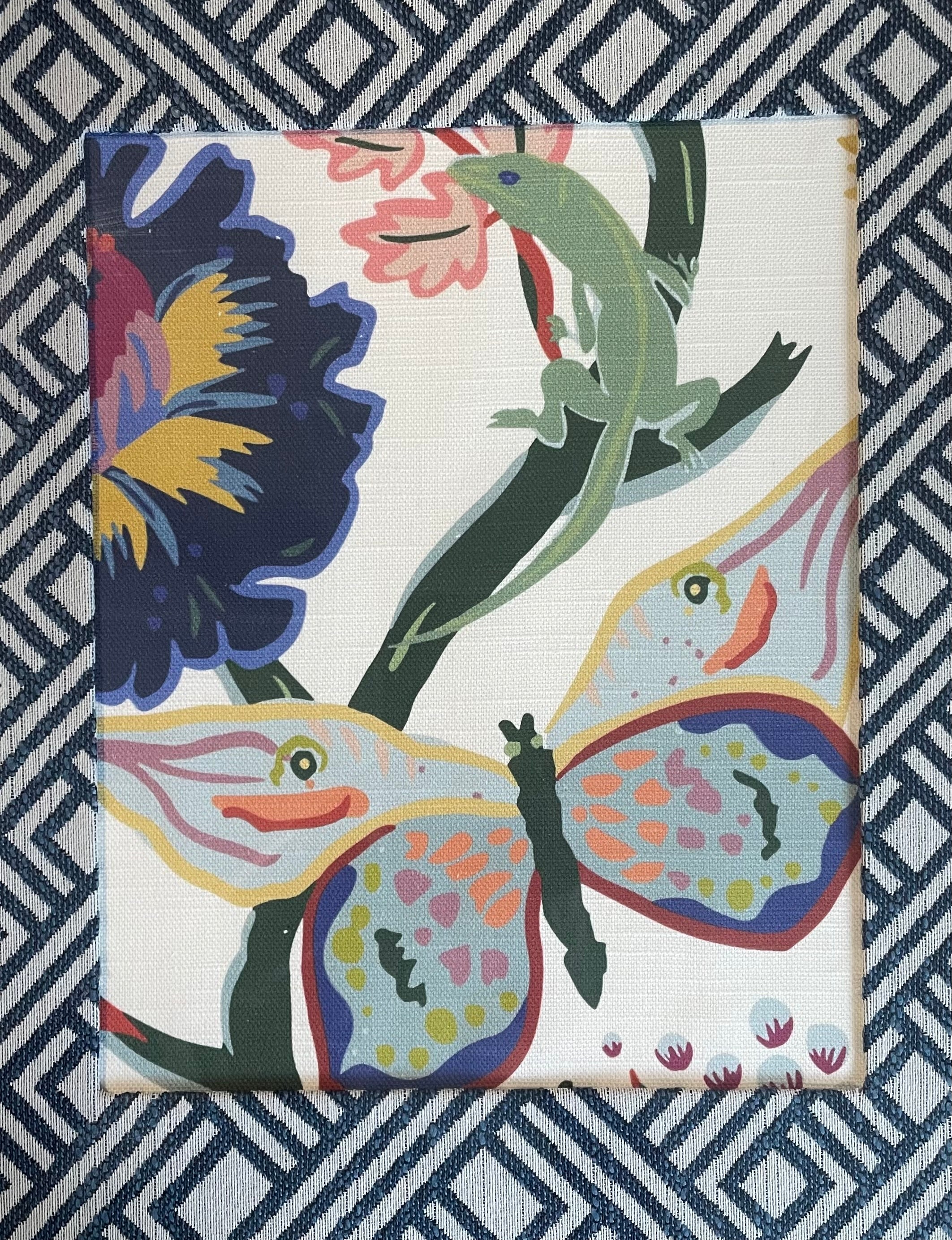 Ballard Designs Butterfly & Lizard Fabric Framed Wall Art — 13x16 Gold Frame