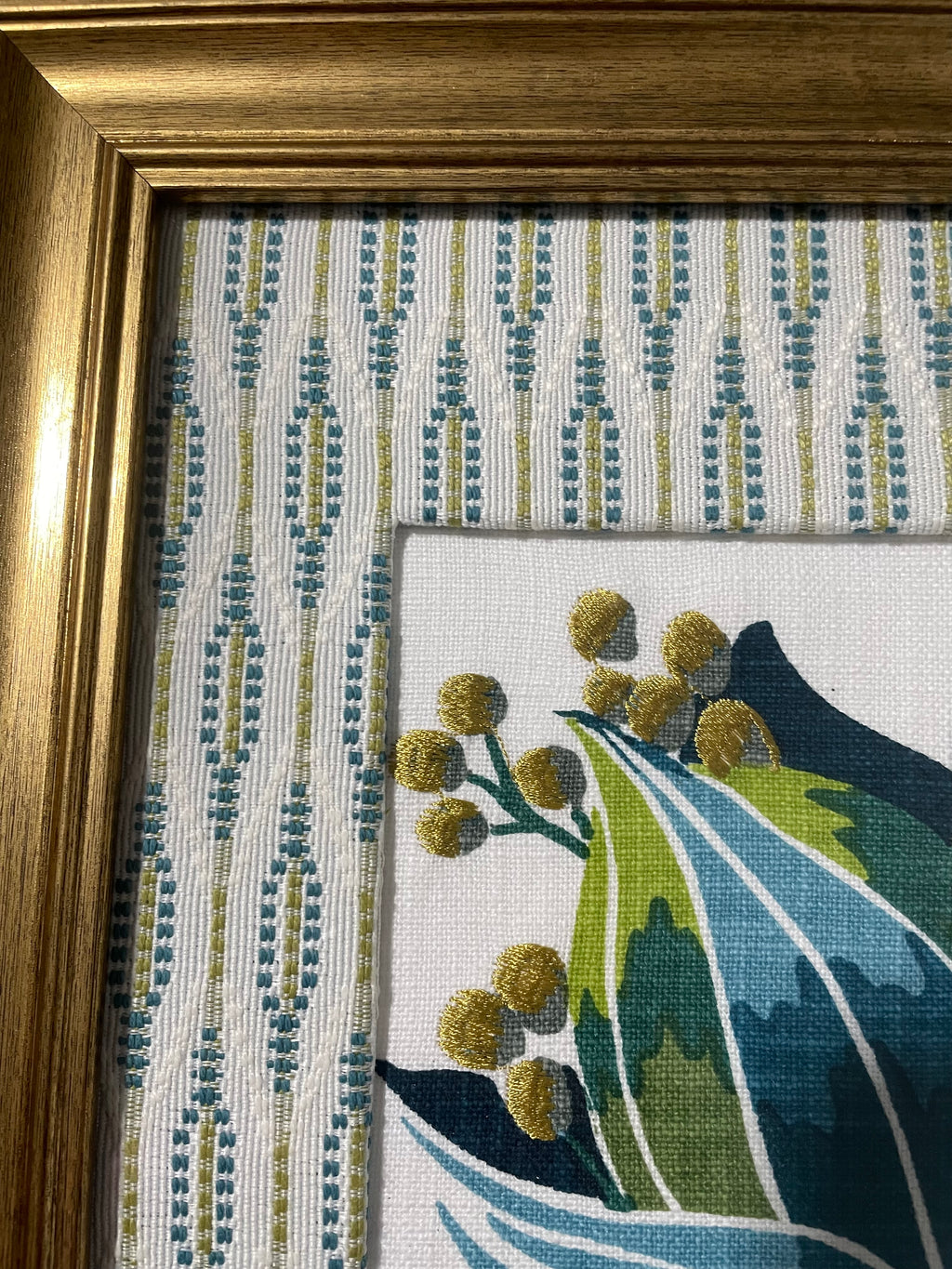 Ballard Designs Emmie Blue Fabric Framed Wall Art — Faygo Tropics Blue Mat, 13x16 Gold Frame (No. 1)