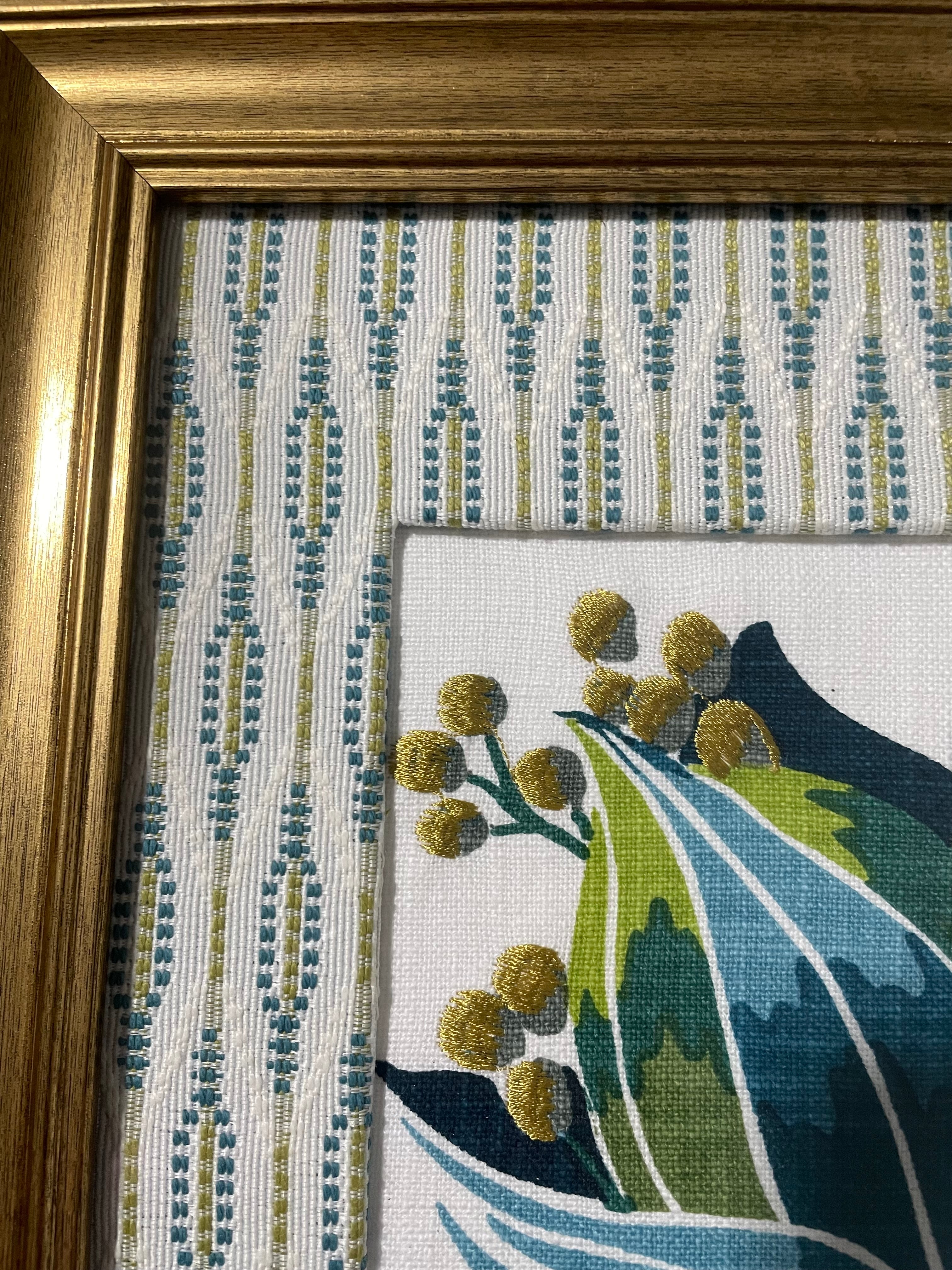 Ballard Designs Emmie Blue Fabric Framed Wall Art — Faygo Tropics Blue Mat, 13x16 Gold Frame (No. 1)