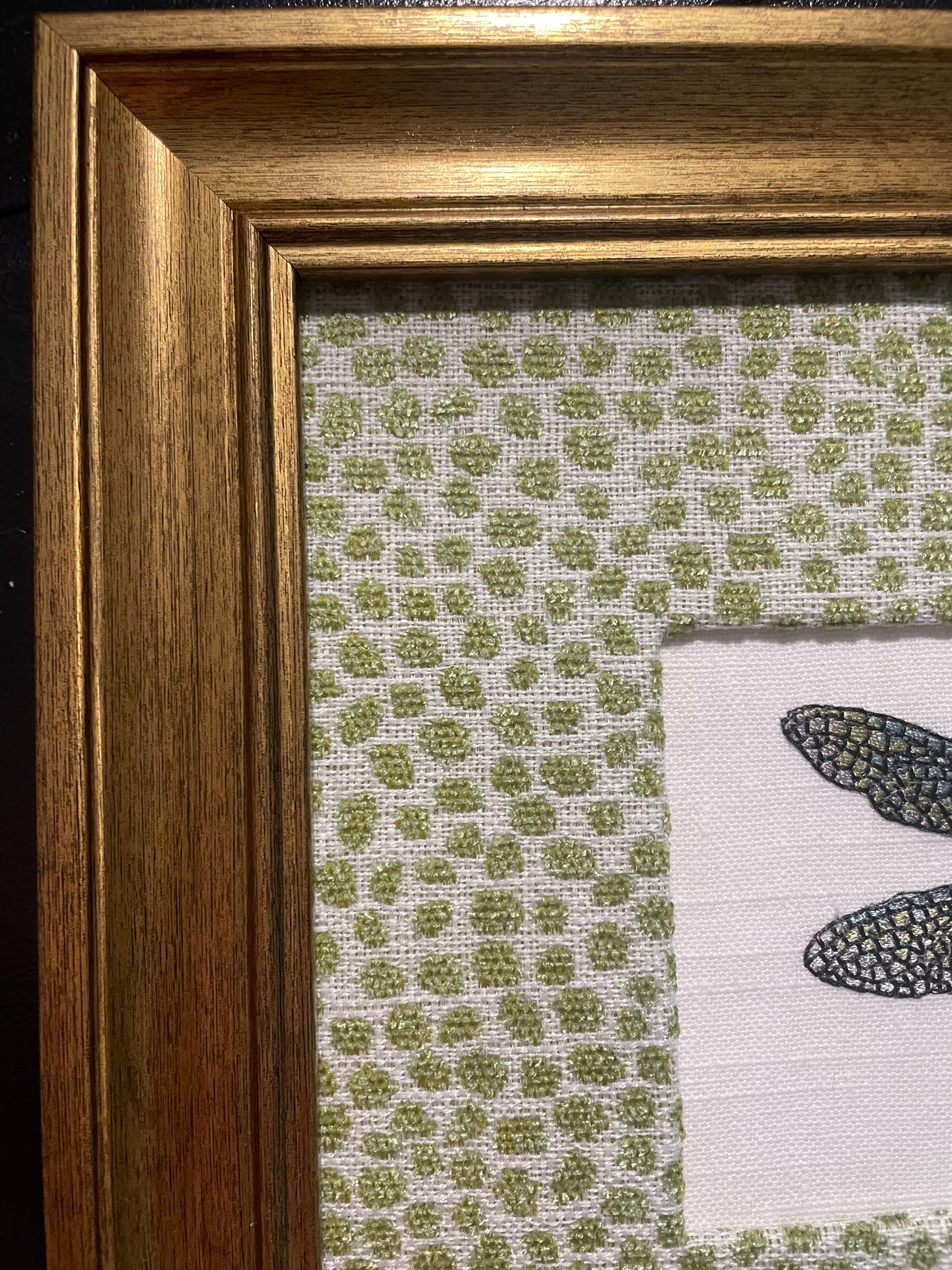 Embroidered Dragonfly Wall Art — Gold Frame with Ballard Designs Pear Tully Fabric Mat