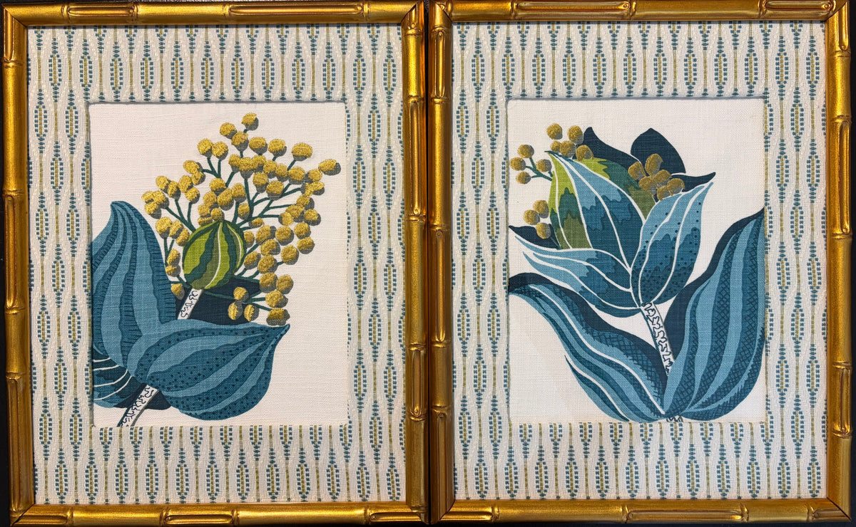 Pair of Custom Ballard Designs Emmie Fabric Wall Art — 12x15 Bamboo Gold Frame