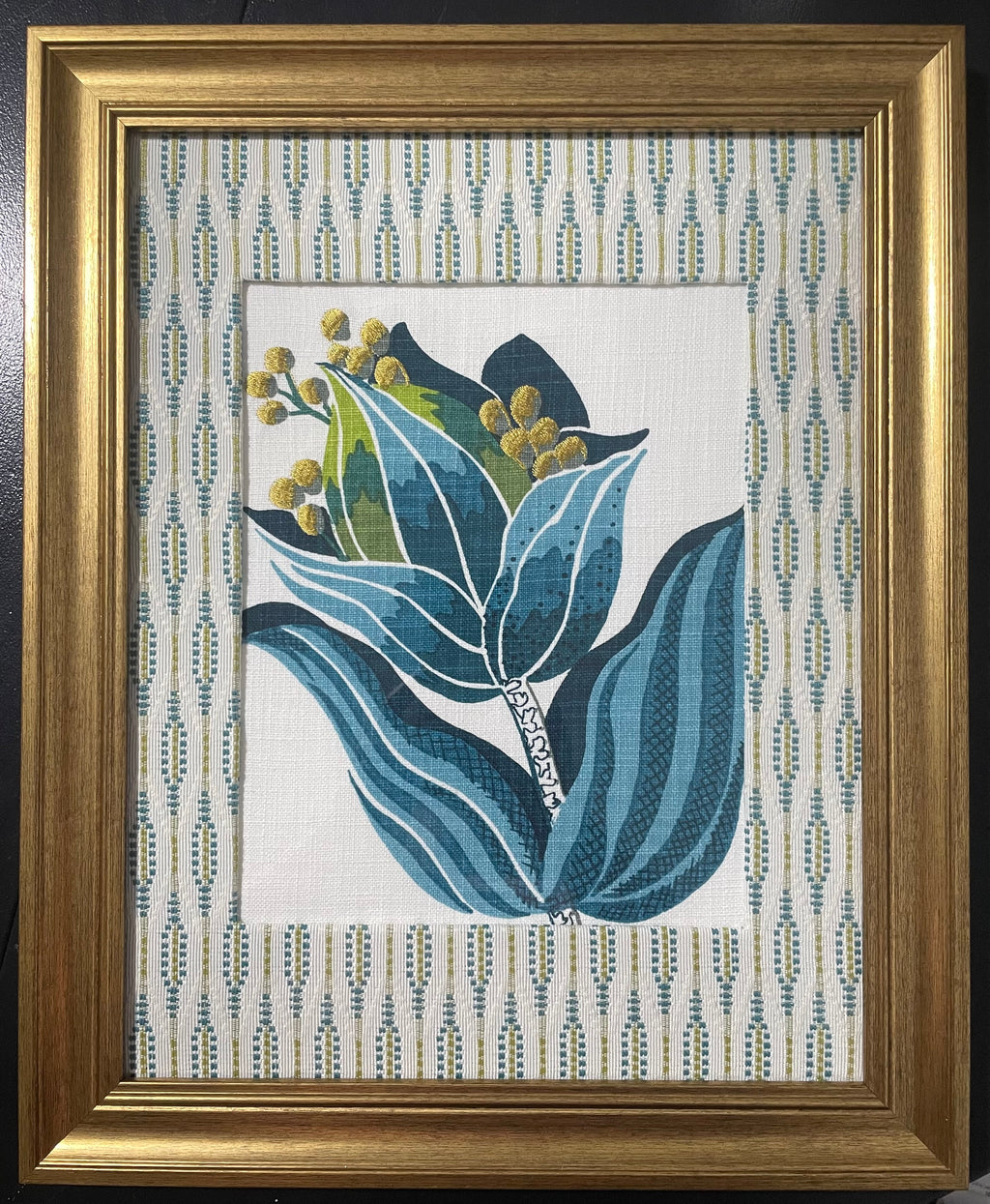 Ballard Designs Emmie Blue Fabric Framed Wall Art — Faygo Tropics Blue Mat, 13x16 Gold Frame (No. 1)