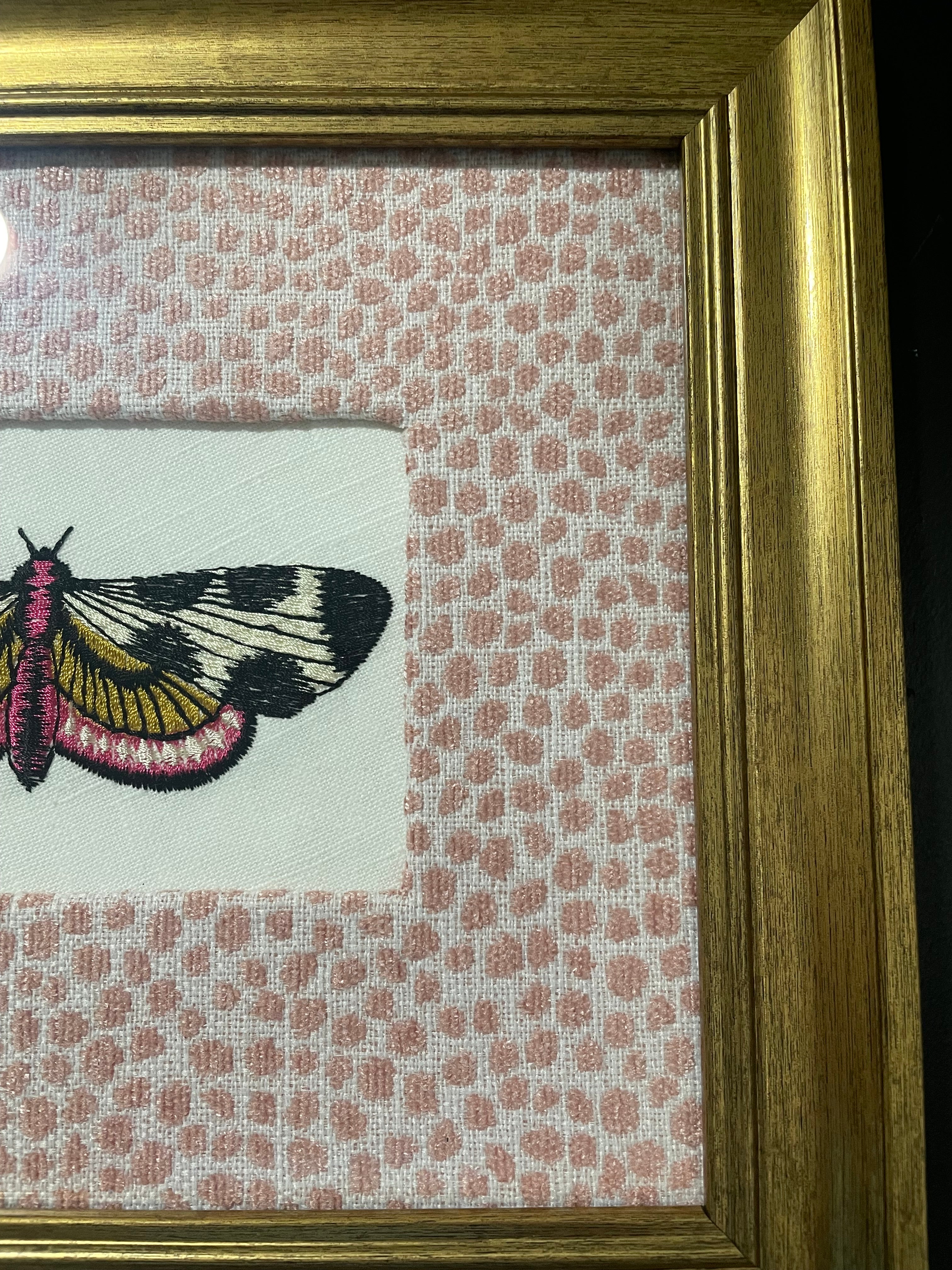 Black & White Graphic Butterfly-Moth — Embroidered Wall Art, Gold Frame with Tully Rose Quartz Fabric Mat
