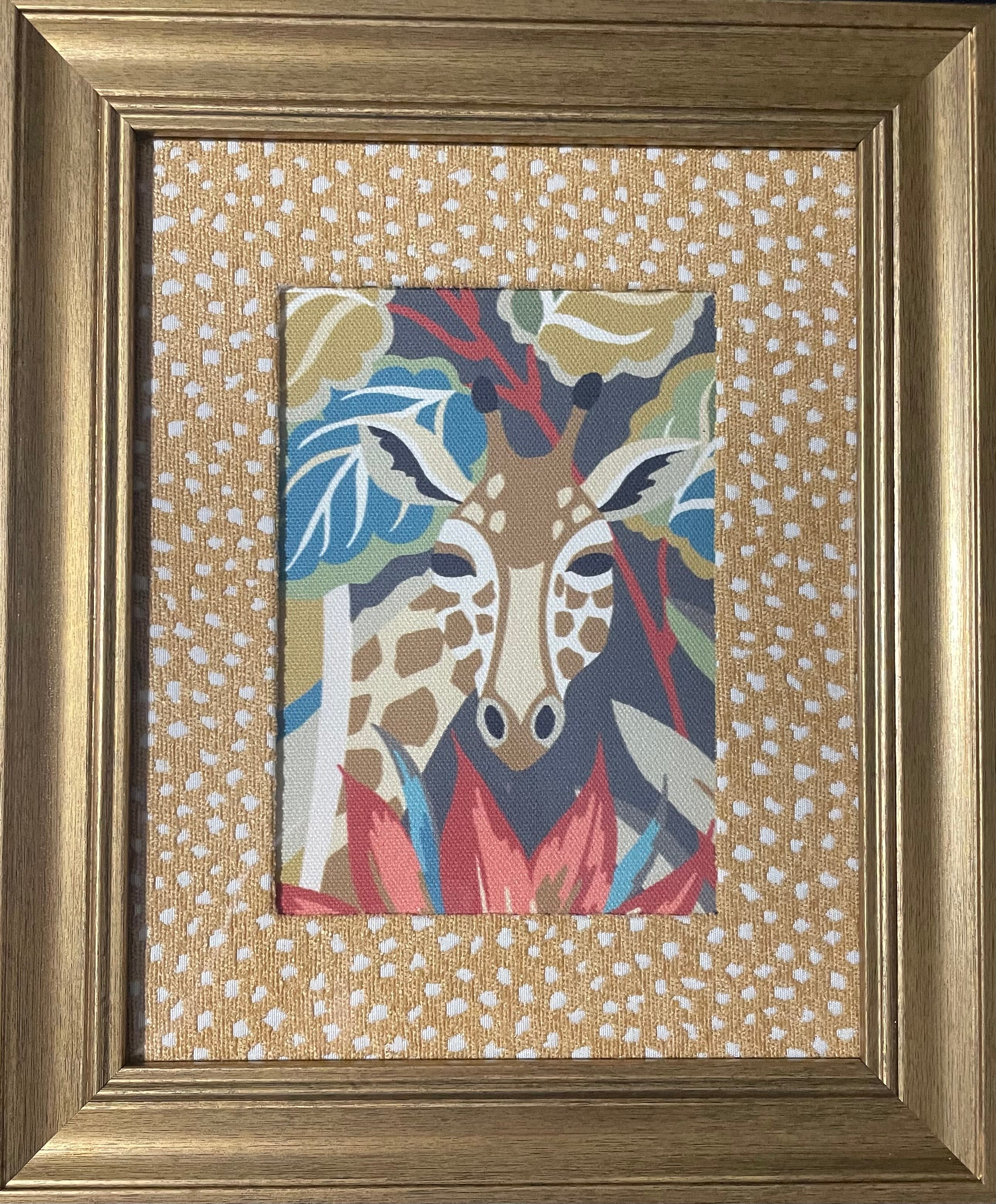 Safari Wall Art — Giraffe and Zebra Kinablu Petro fabric with reverse giraffe fabric mat in Gold Frame