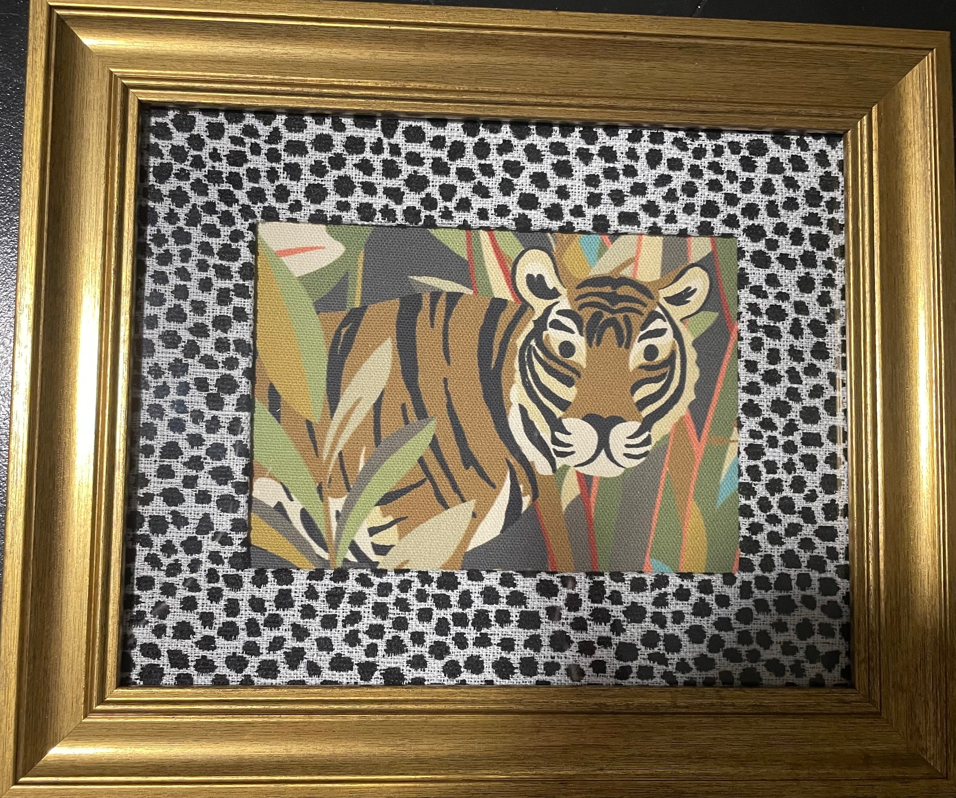 Safari Wall Art — Giraffe and Zebra Kinablu Petro fabric with Ballard Designs Tully Ebony fabric mat in Gold Frames