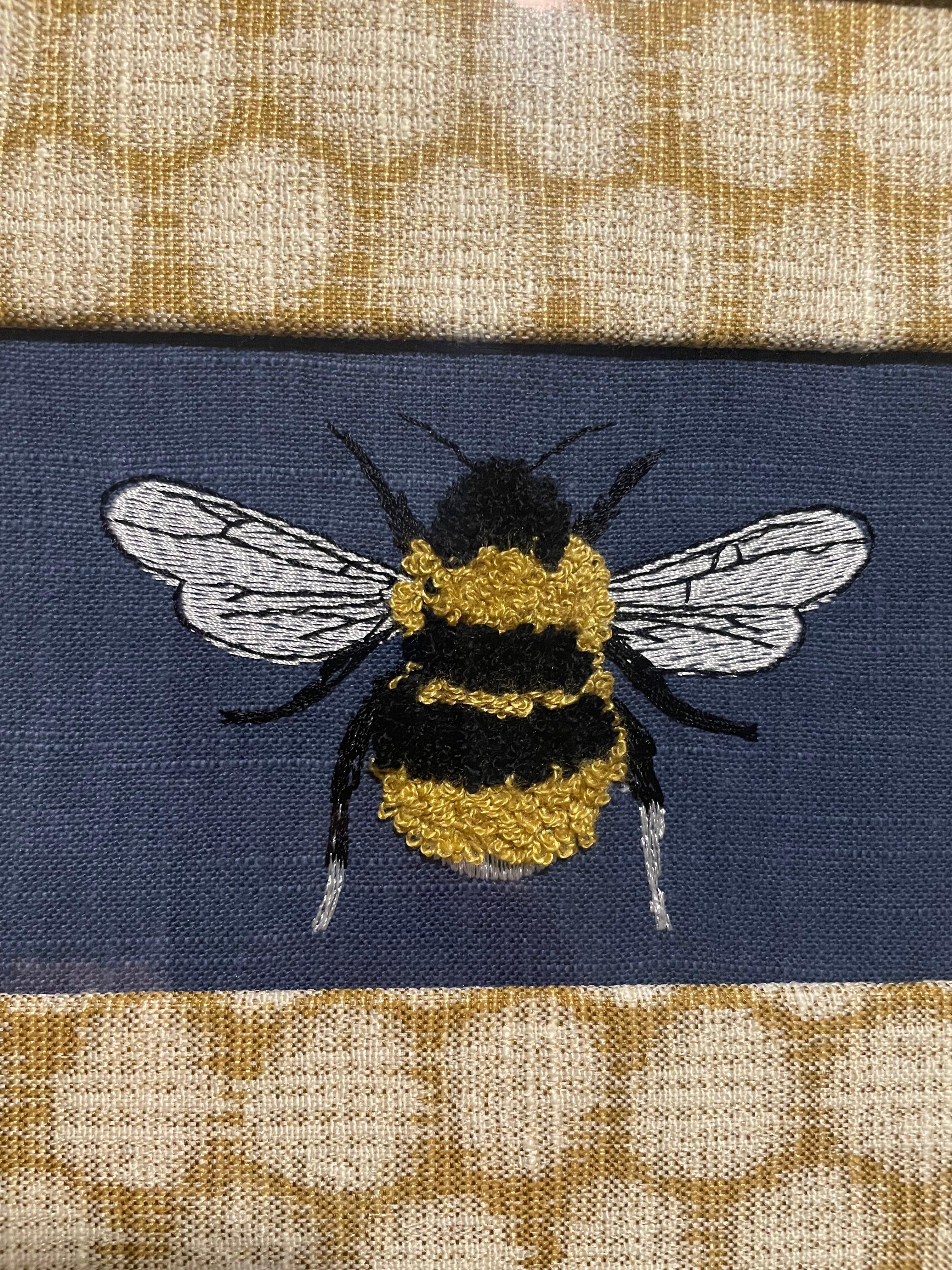 Embroidered Bee Wall Art — Gold Frame with Ballard Designs Mia Honeycomb Fabric Mat