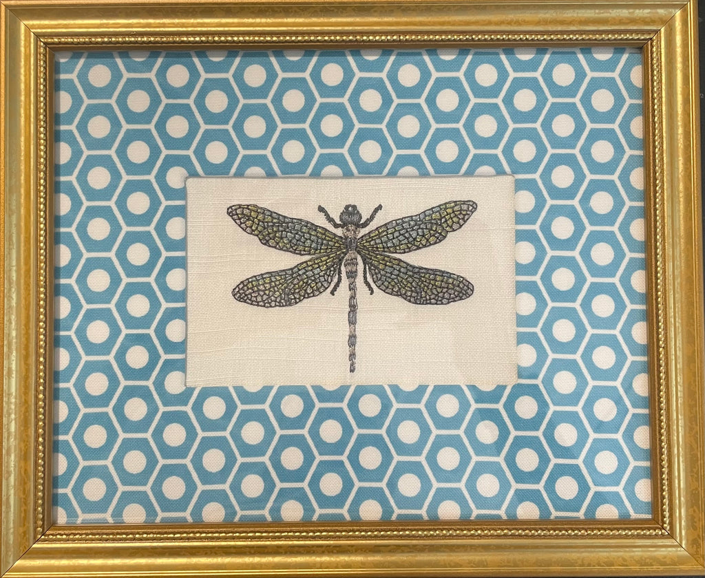 Embroidered Dragonfly surrounded by Schumacher Queen B Custom Fabric Mat