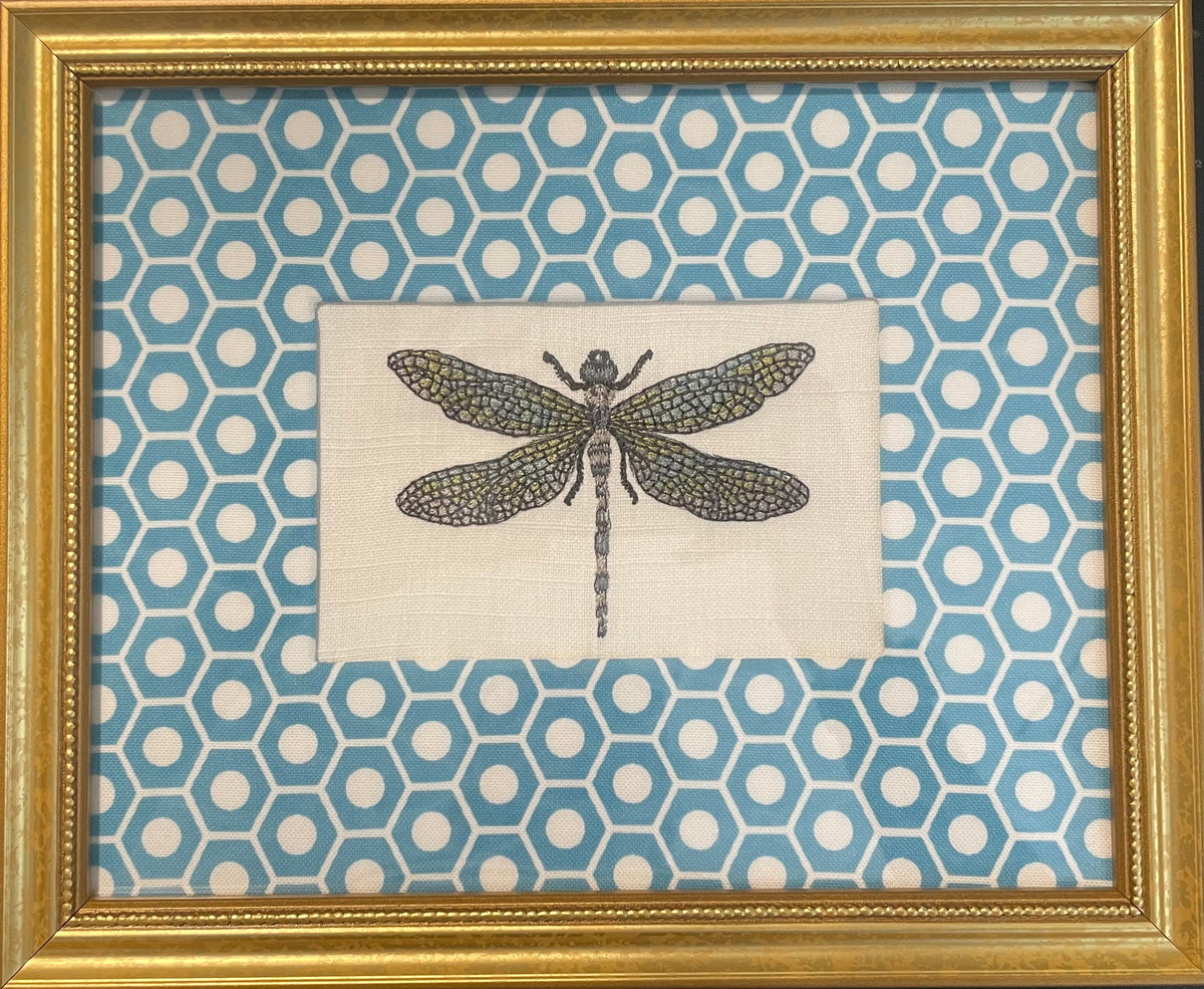 Embroidered Dragonfly surrounded by Schumacher Queen B Custom Fabric Mat