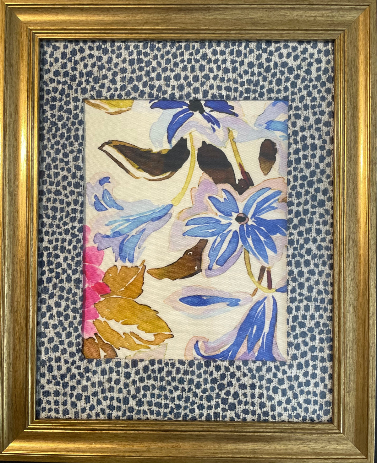 Blue & Lavender Floral Botanical — Designer Fabric Wall Art, 13x16 Gold Frame