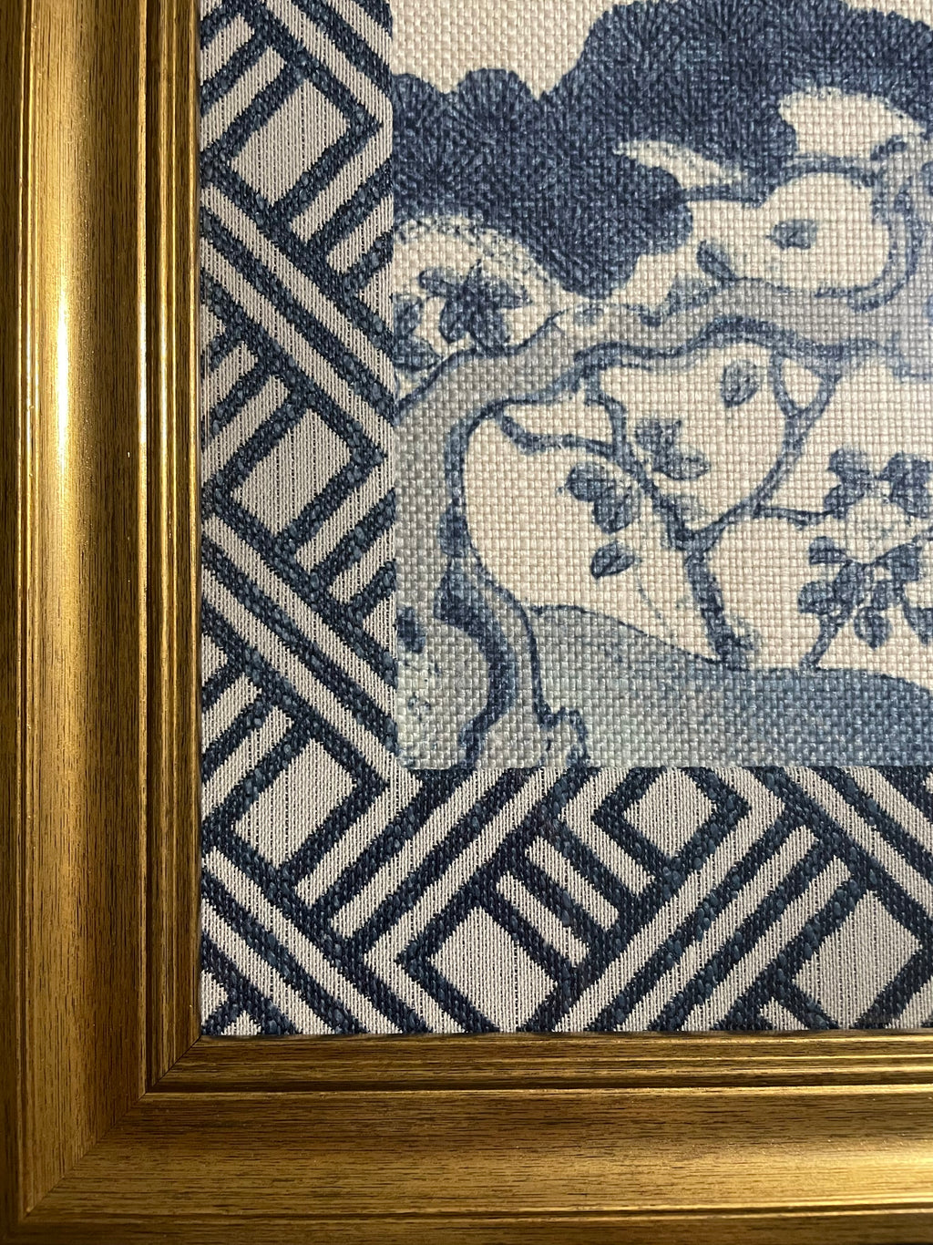 Chinoiserie Pine & Scholar's Rock Fabric Wall Art | 13x16 Gold Frame | Zen Indigo