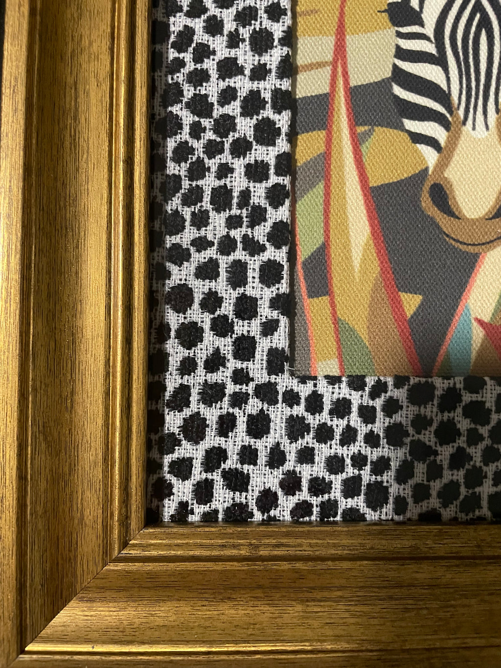 Safari Wall Art — Giraffe and Zebra Kinablu Petro fabric with Ballard Designs Ebony Tully fabric mat in Gold Frame