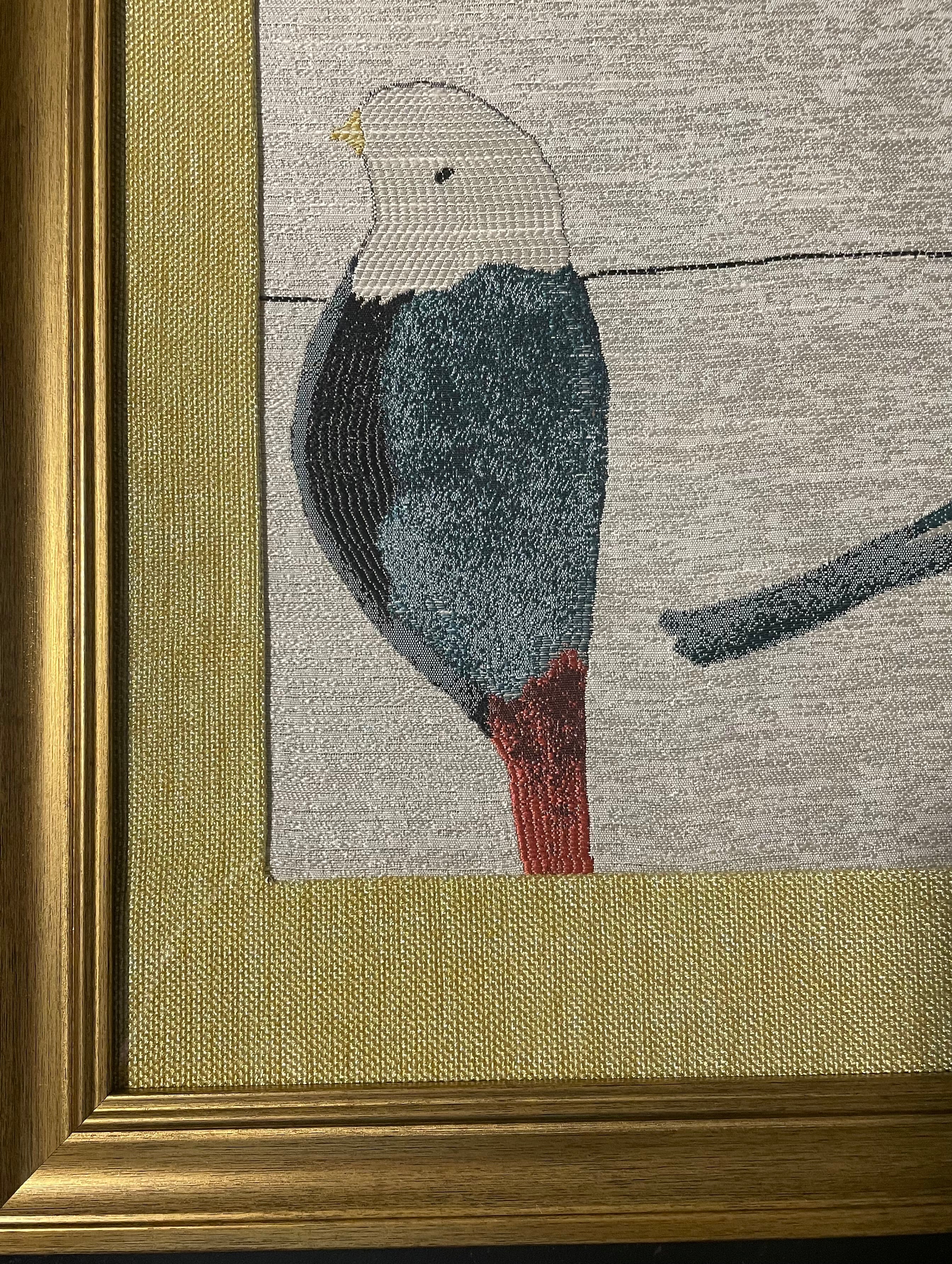 Solo Teal Bird Portrait — Fabric Wall Art, 13x16 Gold Frame