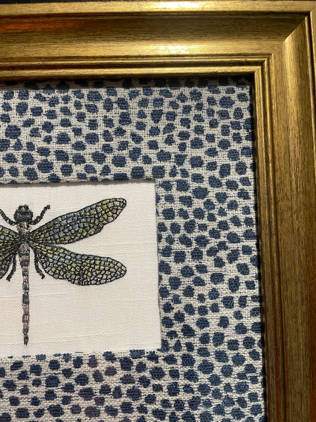 Embroidered Dragonfly Wall Art — Gold Frame with Ballard Designs Blue Tully Fabric Mat