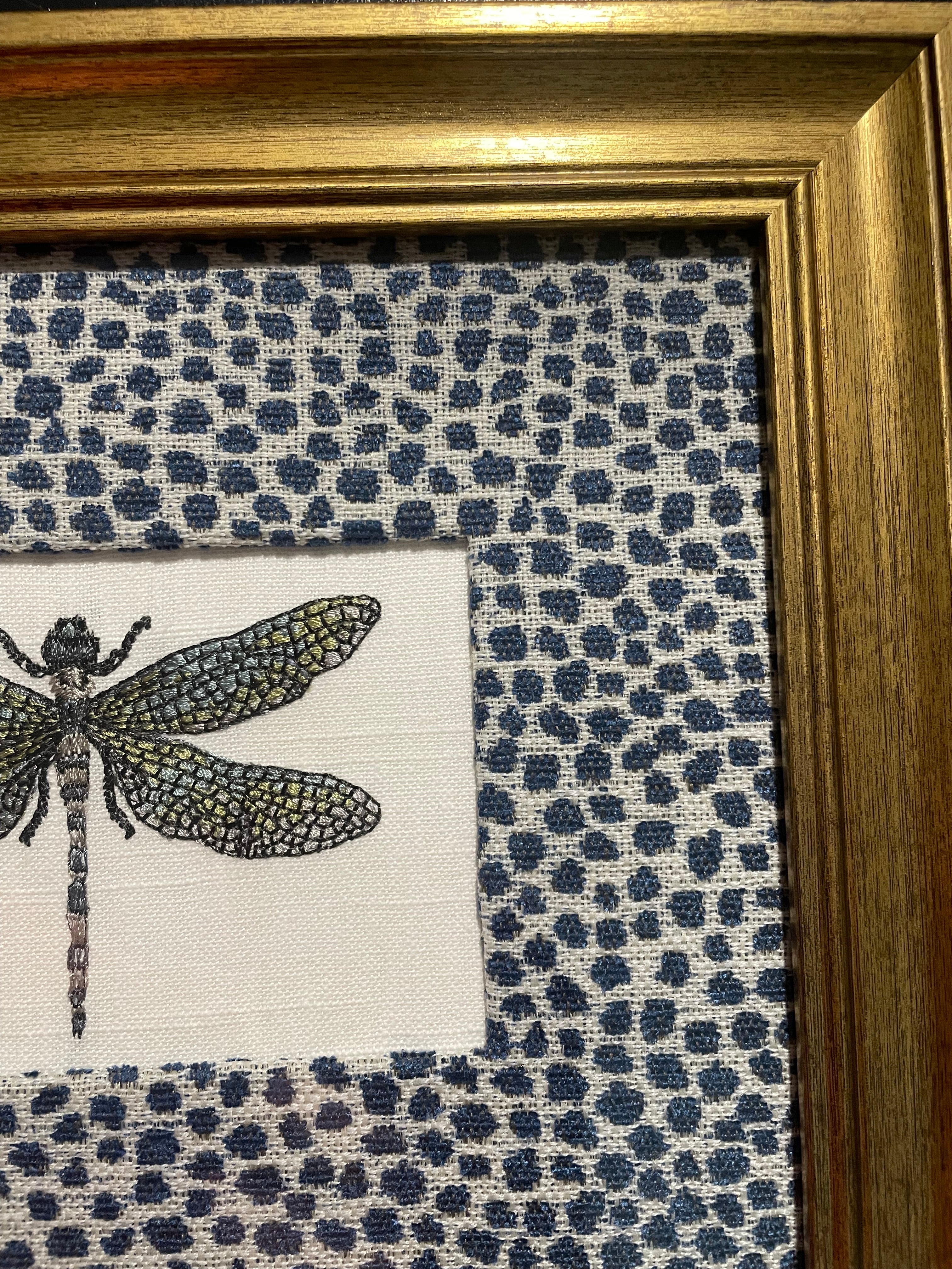 Embroidered Dragonfly Wall Art — Gold Frame with Ballard Designs Blue Tully Fabric Mat