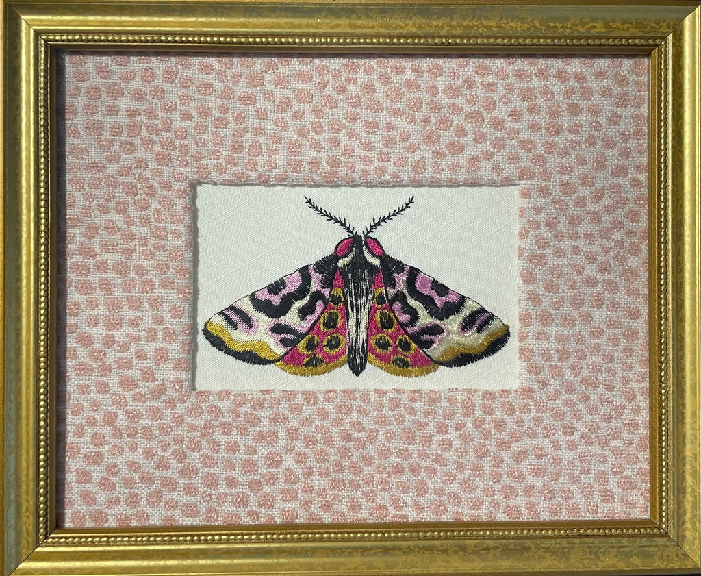 Custom Framed Embroidered Butterfly Moth Art, Ballard Designs TULLY Rose Quartz Fabric Mat