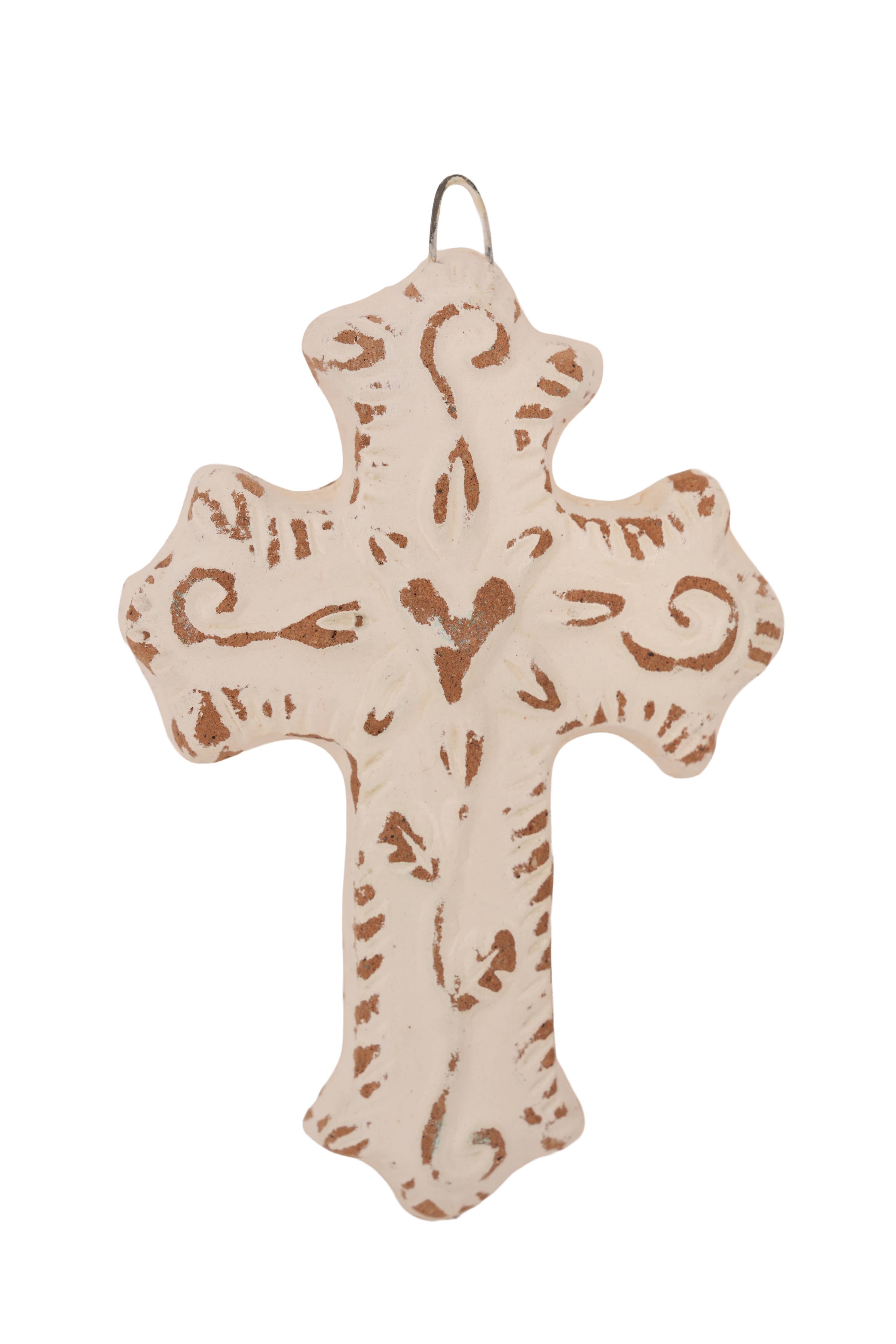 Hugo-Flower Clay Cross-Handmade-Wall-4.5x6.5 in-Small-White