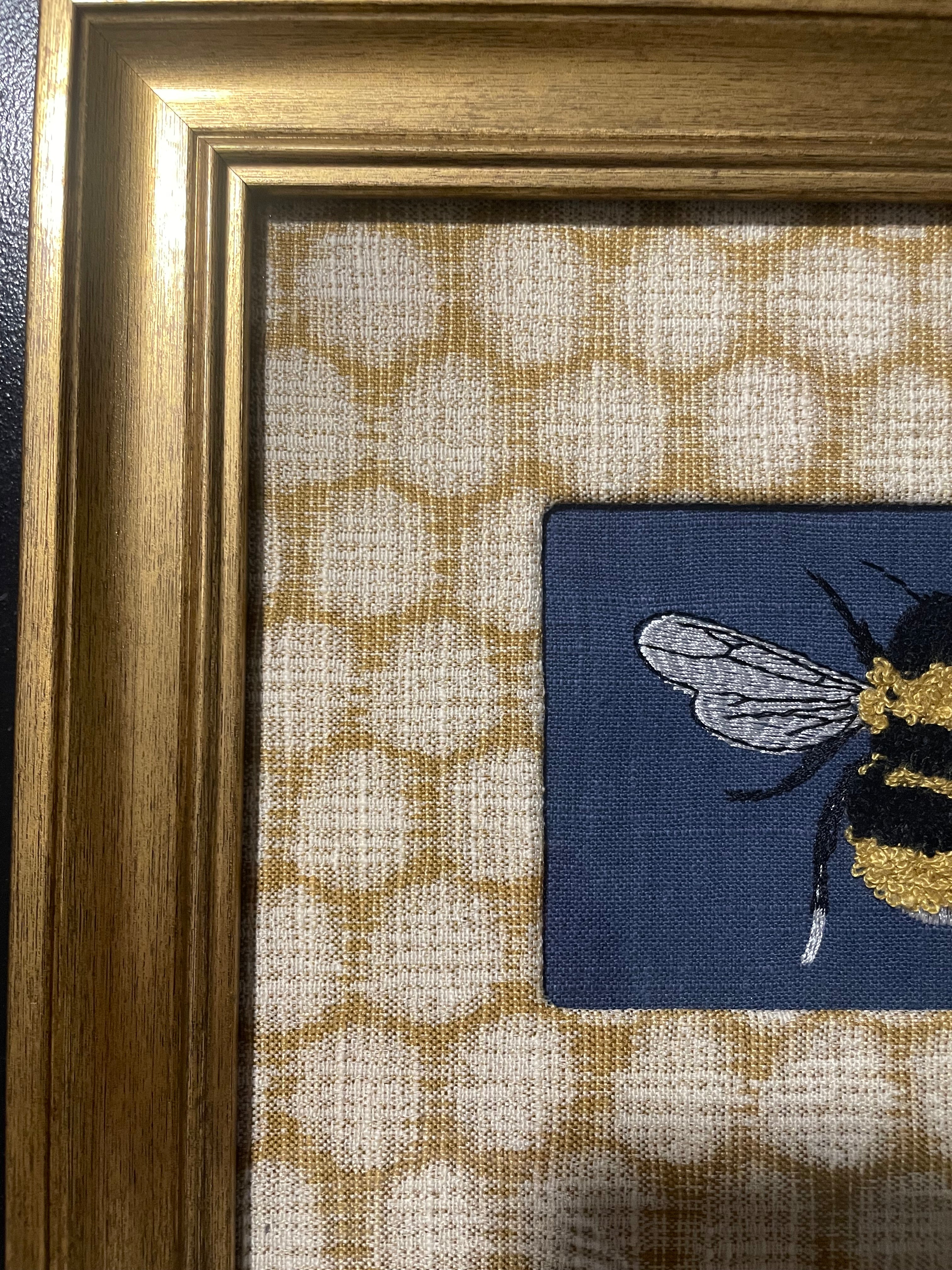 Embroidered Bee Wall Art — Gold Frame with Ballard Designs Mia Honeycomb Fabric Mat
