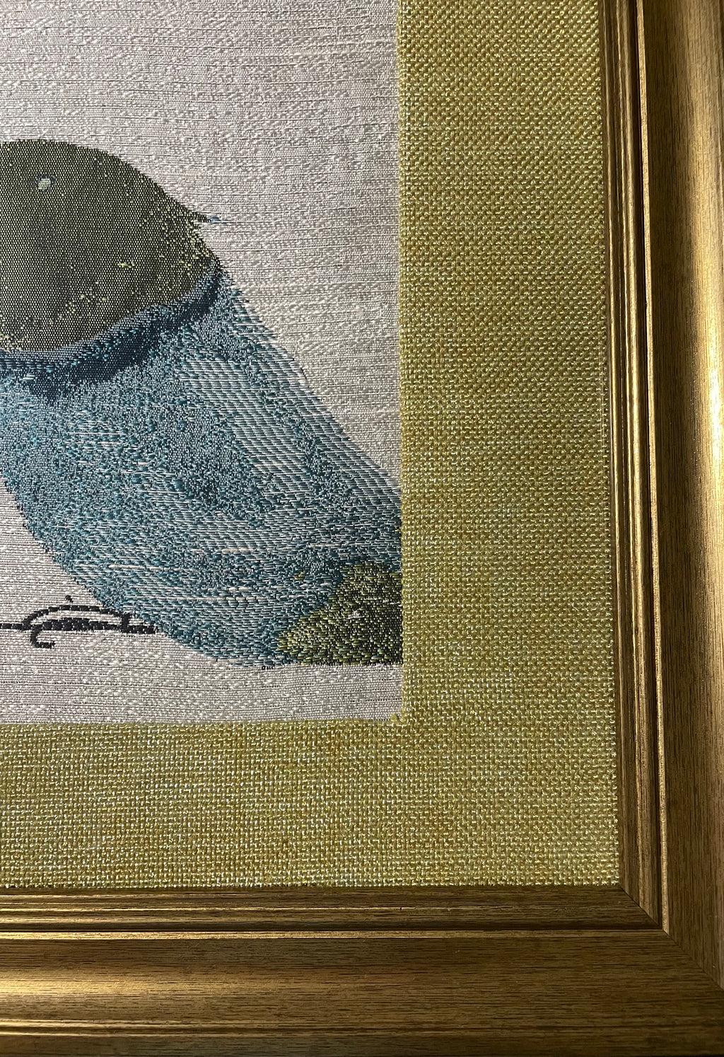 Red-Beaked & Blue Bird Duo — Fabric Wall Art, 13x16 Gold Frame