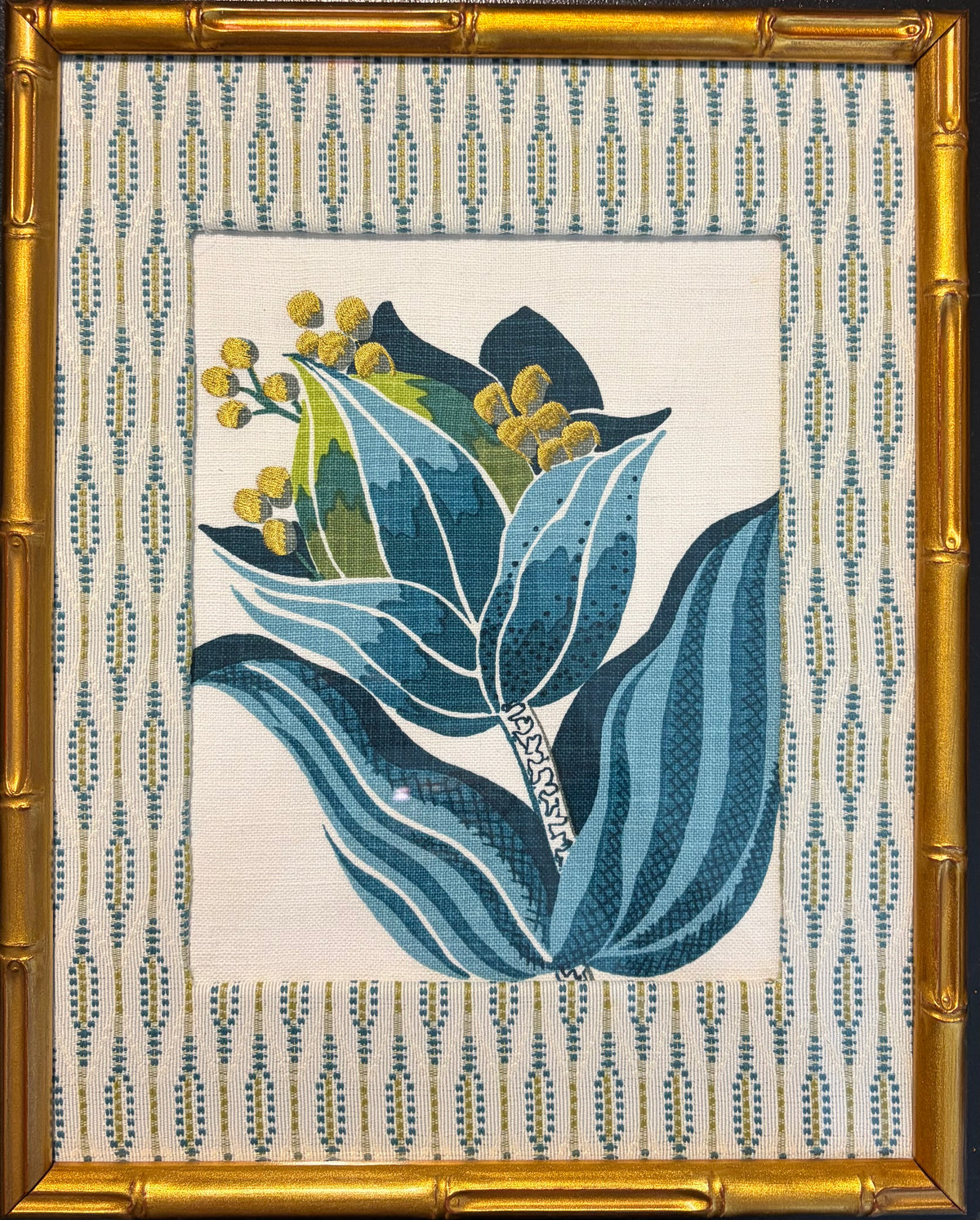 Pair of Custom Ballard Designs Emmie Fabric Wall Art — 12x15 Bamboo Gold Frame