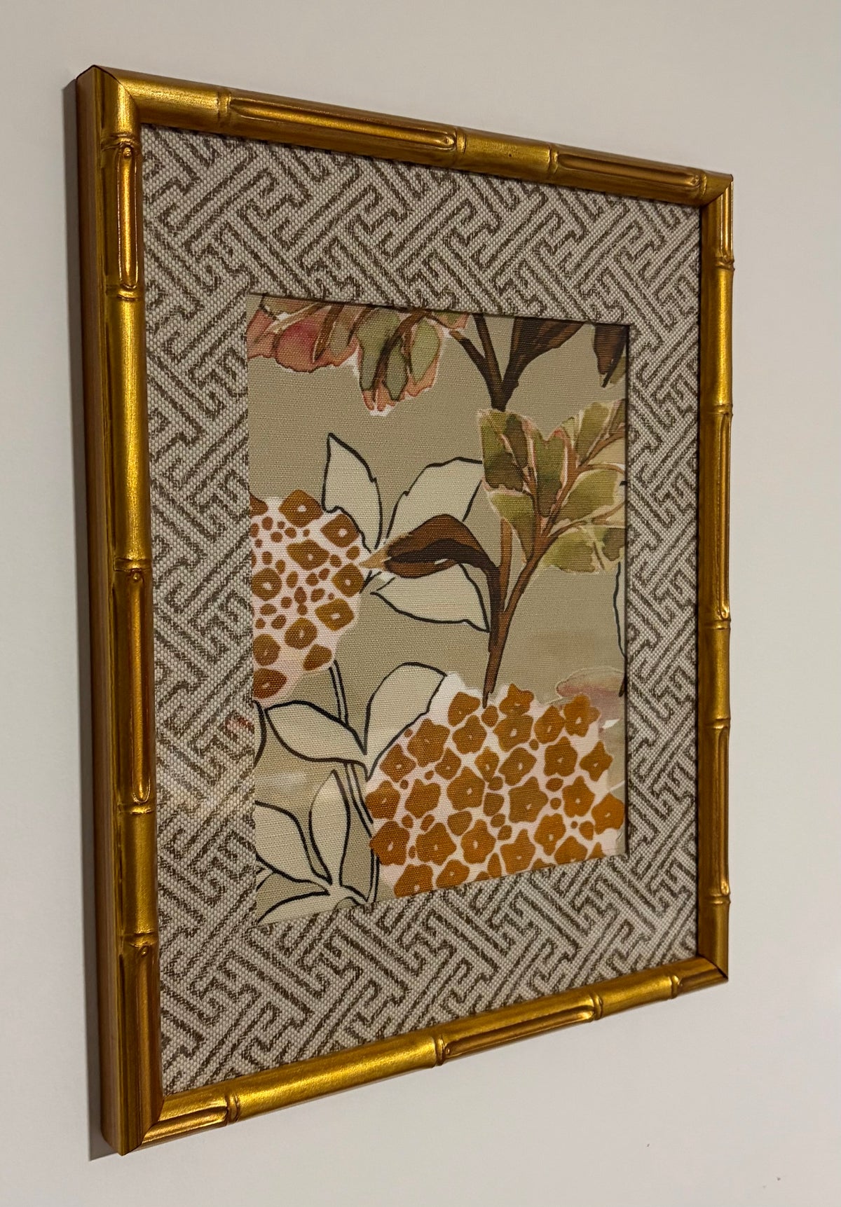 Botanical Fabric Wall Art, Geometric Mat, 12x15 Gold Bamboo Frame