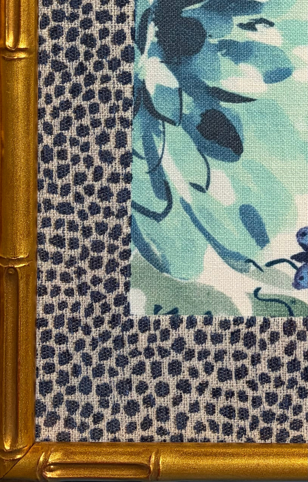 Pair Framed Bright Floral Fabric Wall Art: Gold Bamboo-Style Frames, Ballard Tully Blue Fabric Mats 12x15
