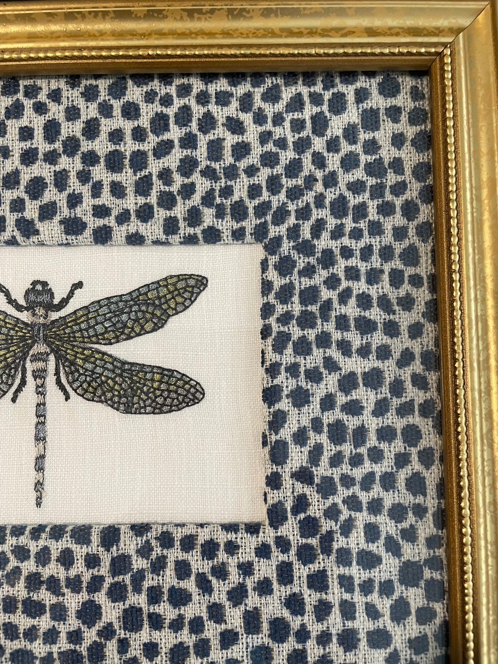 Dragonfly Embroidery in Ballard Designs Indigo Blue Fabric Mat — Gold Frame