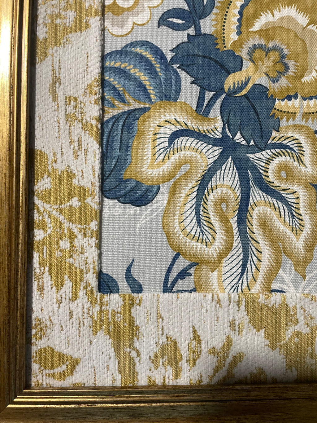 Gold Medallion Bloom — Welling Blue Fabric Framed Wall Art, 13x16 Gold Frame