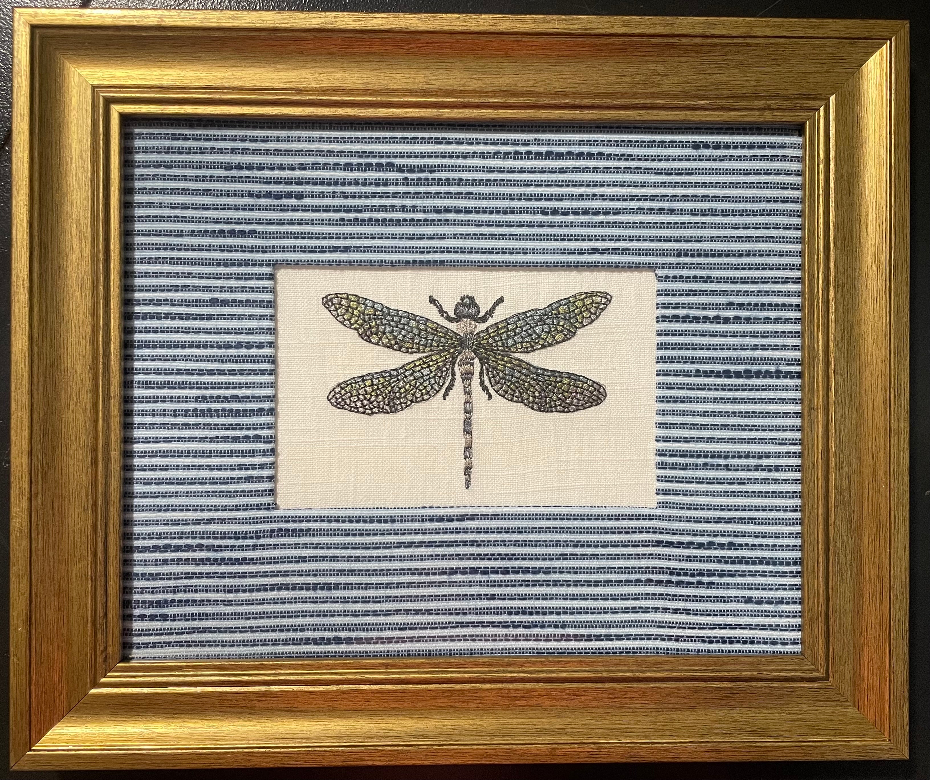 Embroidered Dragonfly Wall Art — Gold Frame with Ballard Designs Indigo Blue Biff Fabric Mat