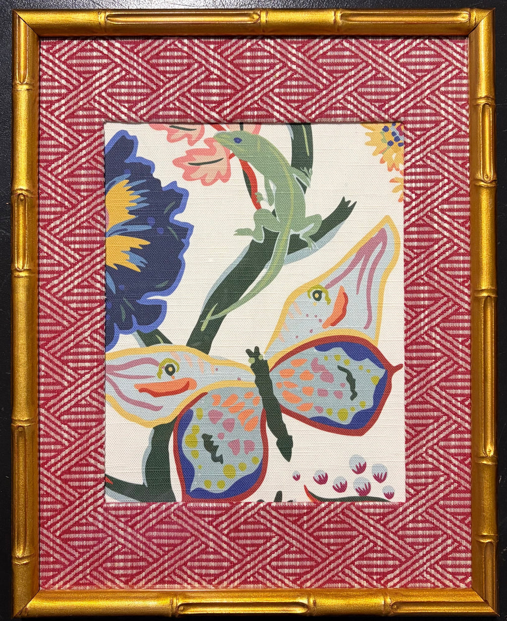 Pair of Custom Ballard Designs Millie Fabric Wall Art with custom mat— 12x15 Bamboo Gold Frame