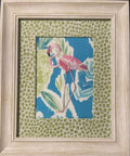 Framed Embroidered left facing flamingo with Custom Ballard Designs TULLY Pear Fabric Matting