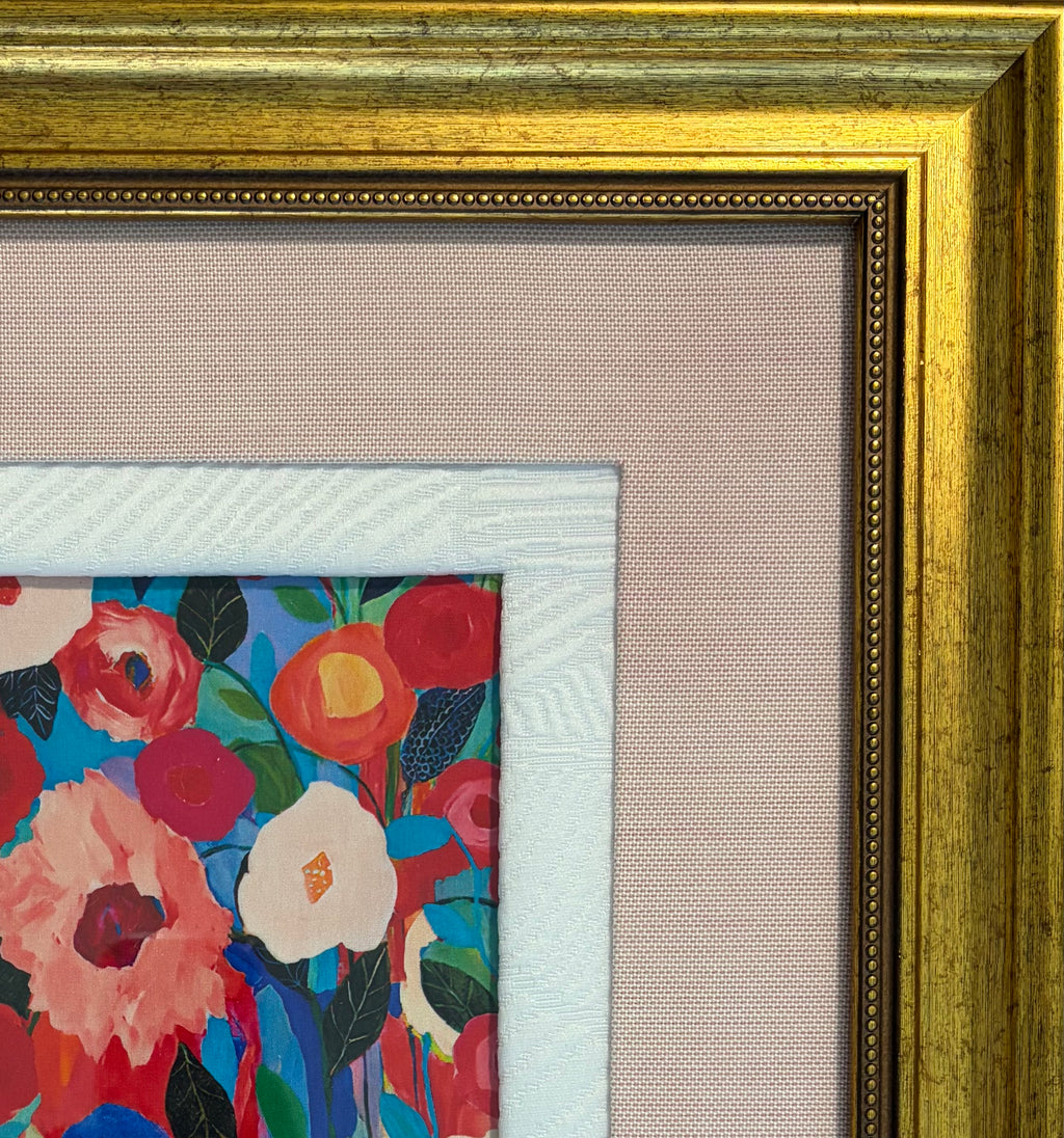 Colorful Floral Fabric Wall Art in Gold Frame - 15x15 Framed Textile Decor