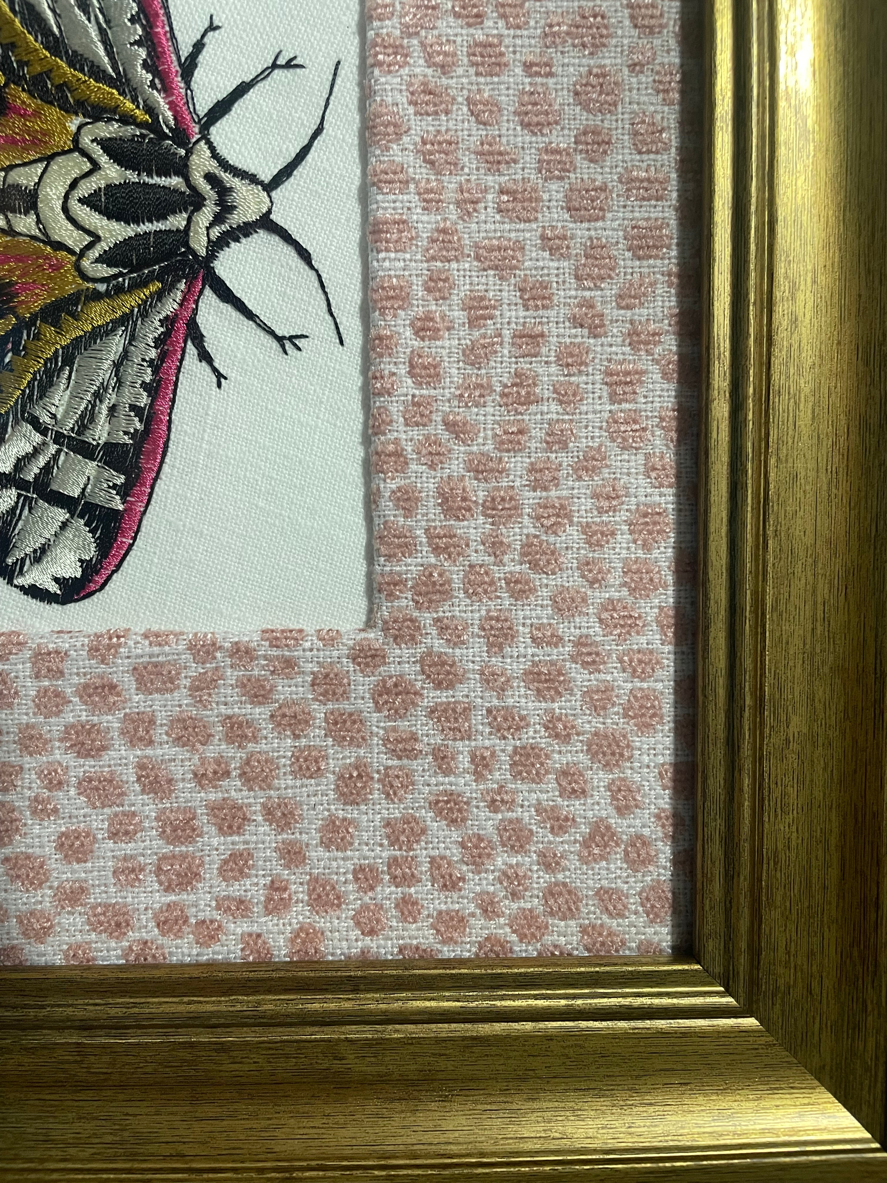 Pink-Spotted Tiger Moth — Embroidered Wall Art, Gold Frame with Tully Rose Fabric Mat