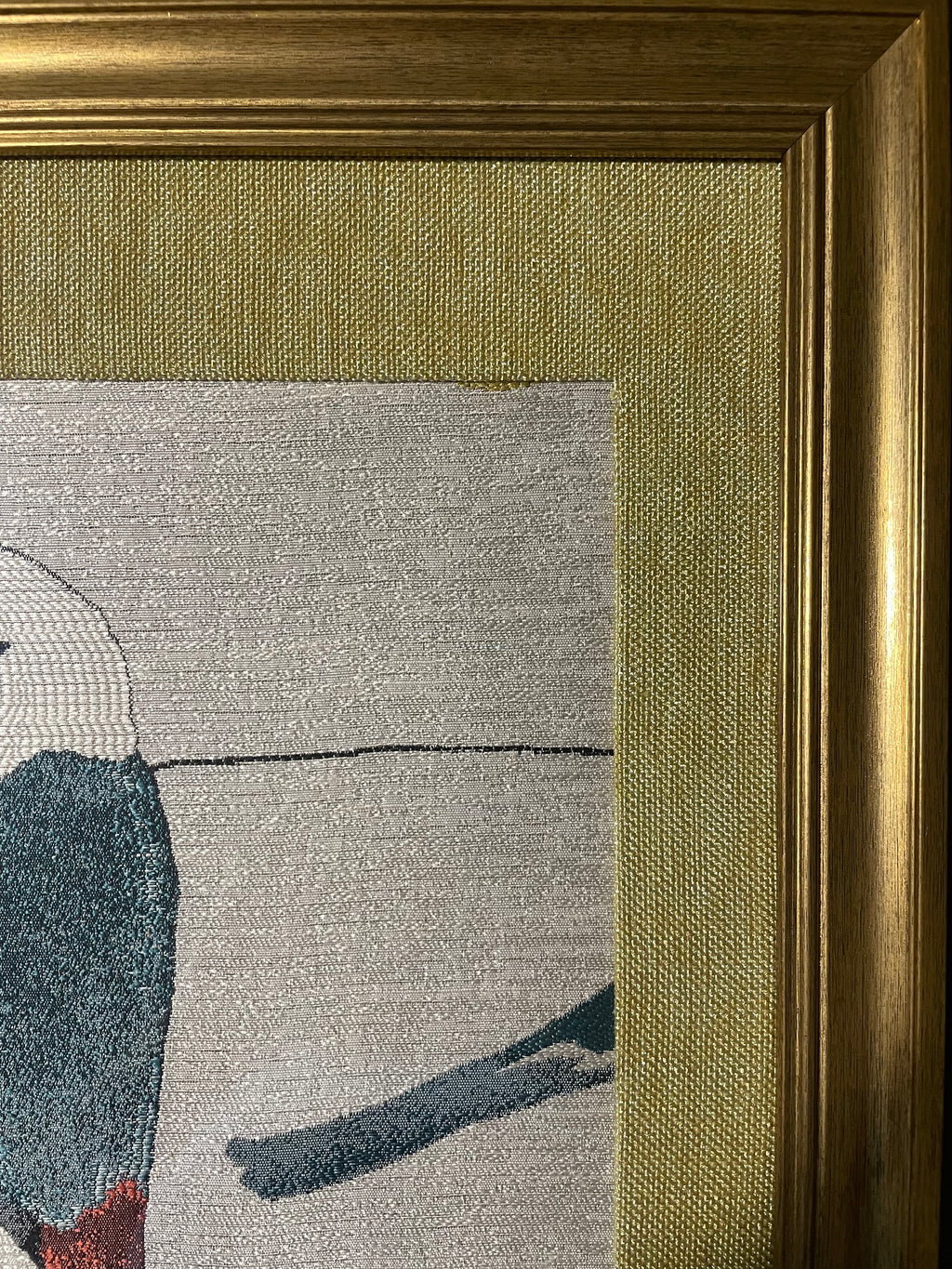 Solo Teal Bird Portrait — Fabric Wall Art, 13x16 Gold Frame
