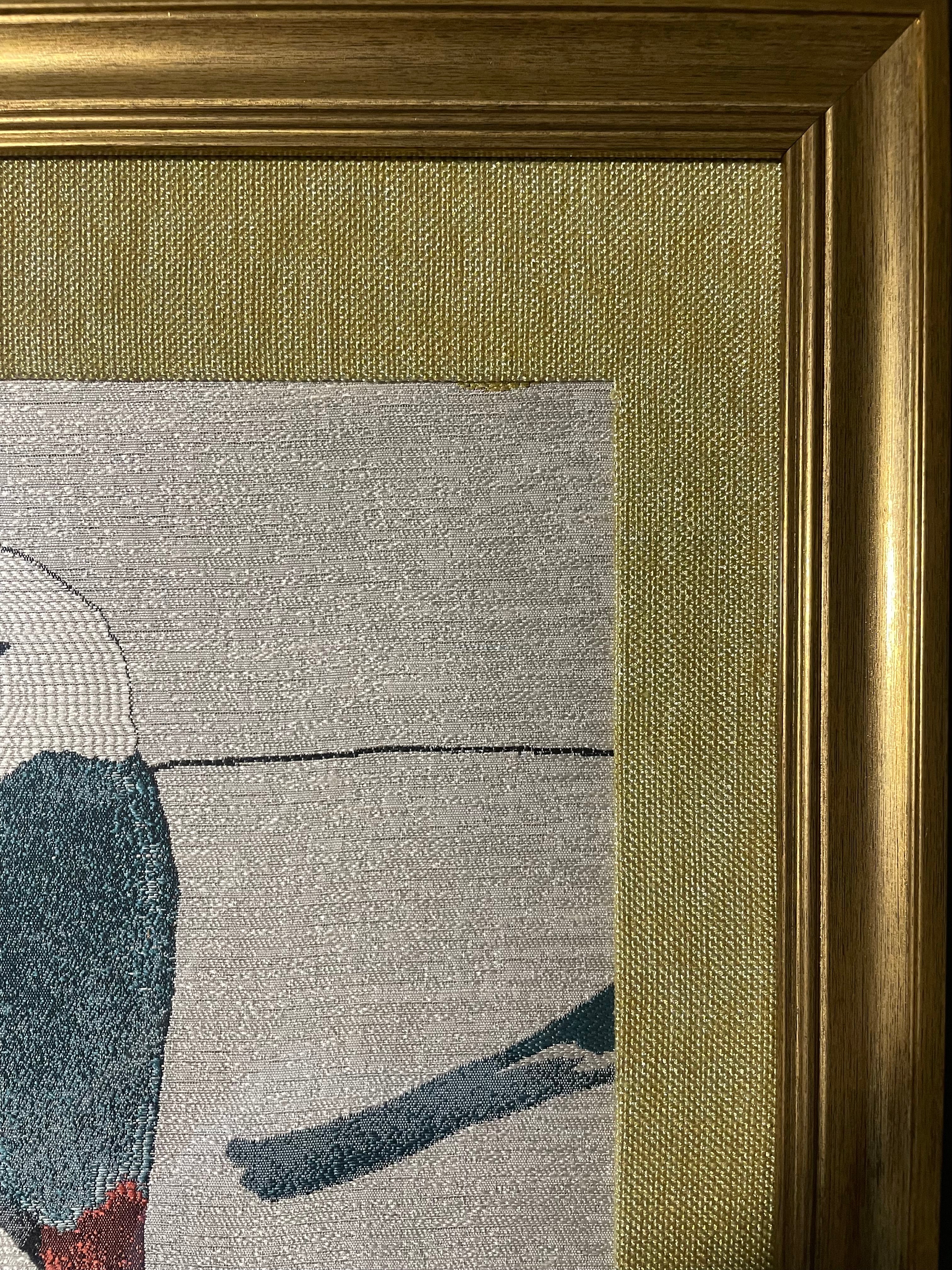 Solo Teal Bird Portrait — Fabric Wall Art, 13x16 Gold Frame