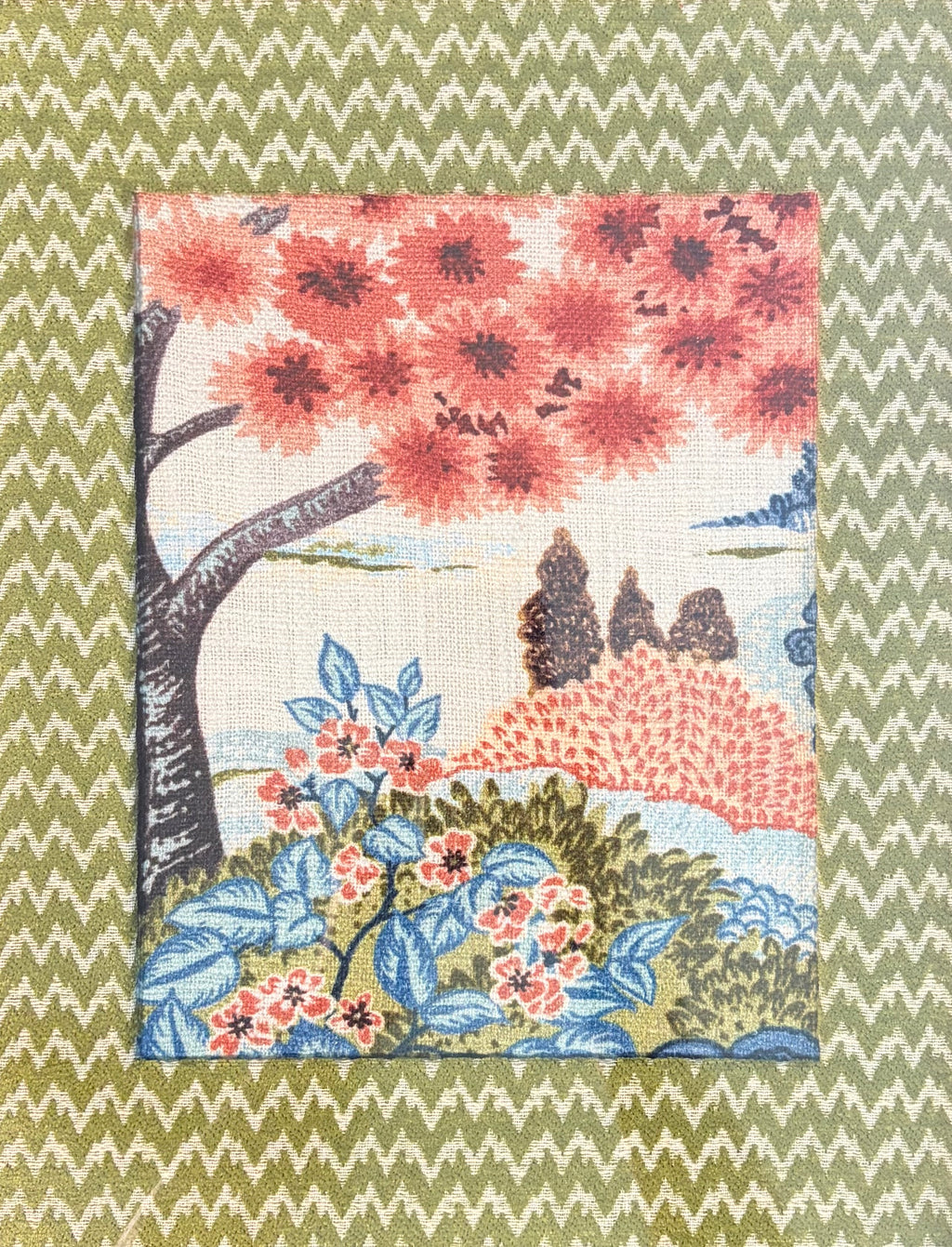 Pair of Framed Botanical Fabric Wall Art — Japanese Garden Scene, 12×15 Dark Mahogany Bamboo Frame