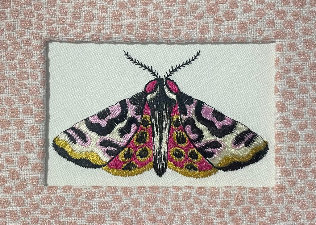 Custom Framed Embroidered Butterfly Moth Art, Ballard Designs TULLY Rose Quartz Fabric Mat
