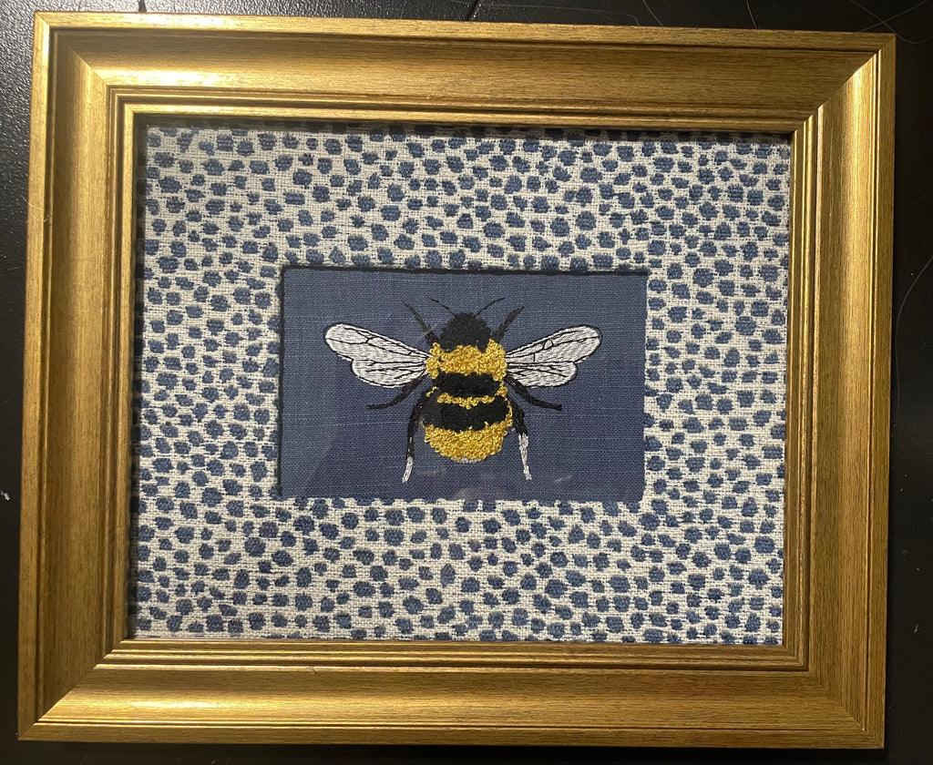 Embroidered Bee Wall Art — Gold Frame with Ballard Designs Blue Tully Fabric Mat